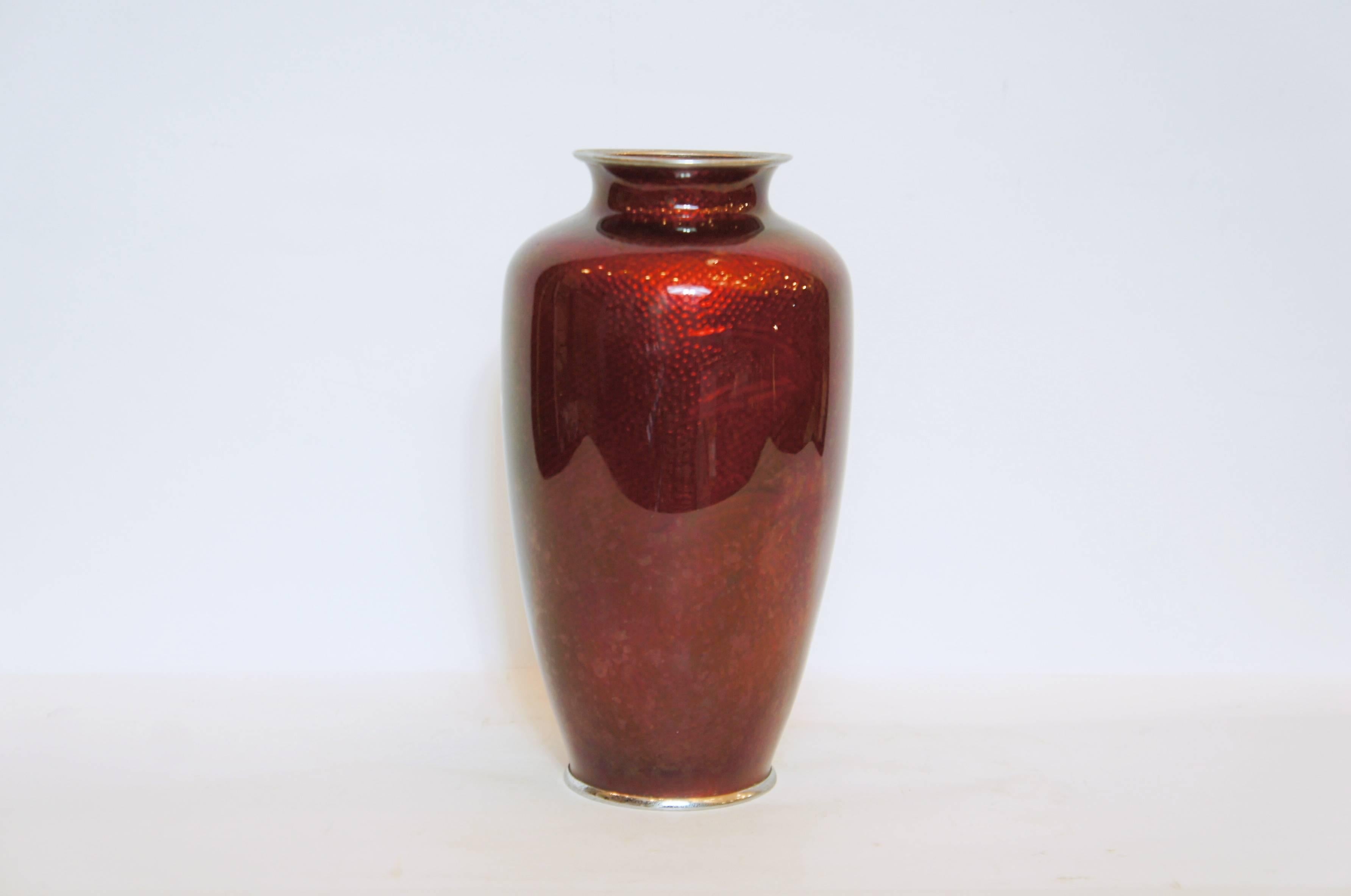 red cloisonne vase