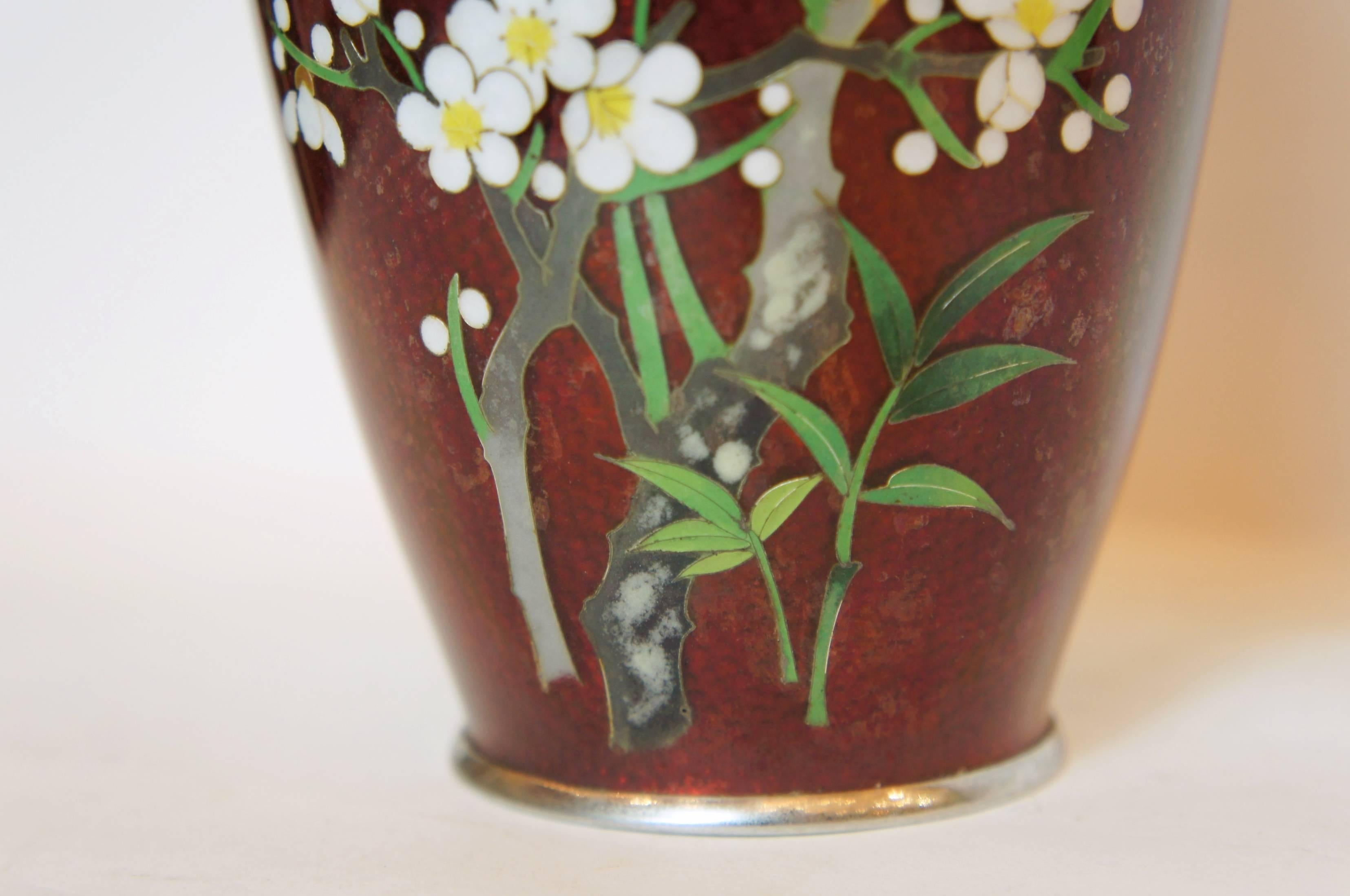 Showa Japanese Flower and Bird Painting on Cloisonné Red Vase, 1950s For Sale