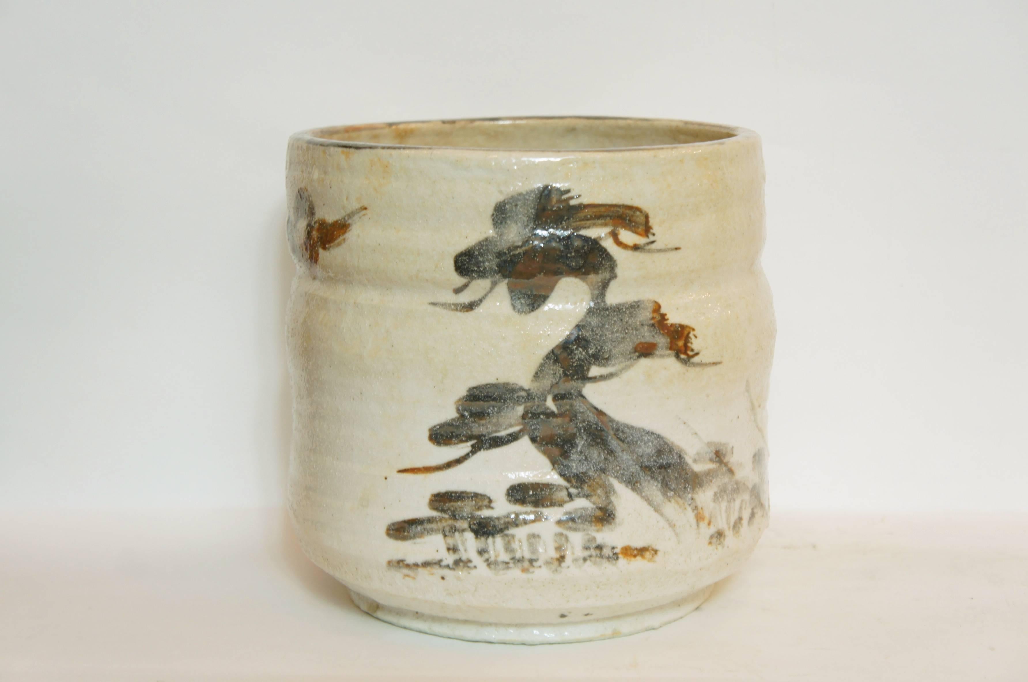 Hand-Crafted Japanese paysage on White Beige Ceramic  Shino Ware Cachepots, 1950s For Sale