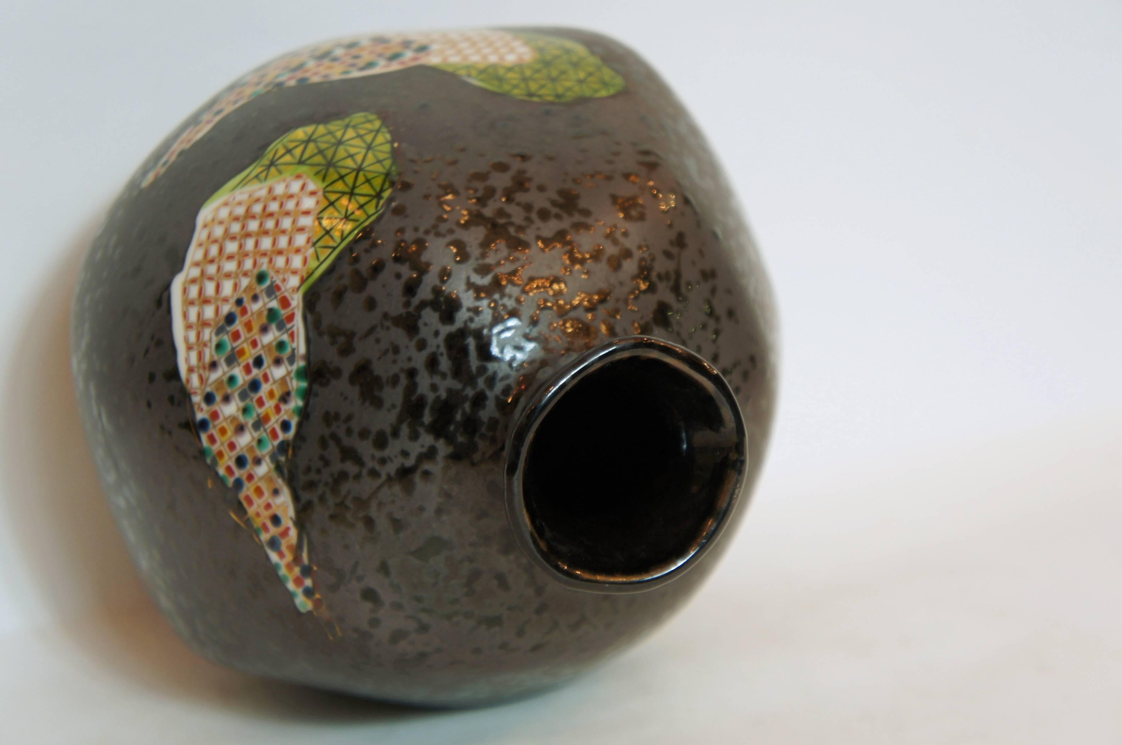 Porcelain Japanese Dark Gray Base Color with Mosaic Motif on Kutani Ware Vase, 1950s For Sale