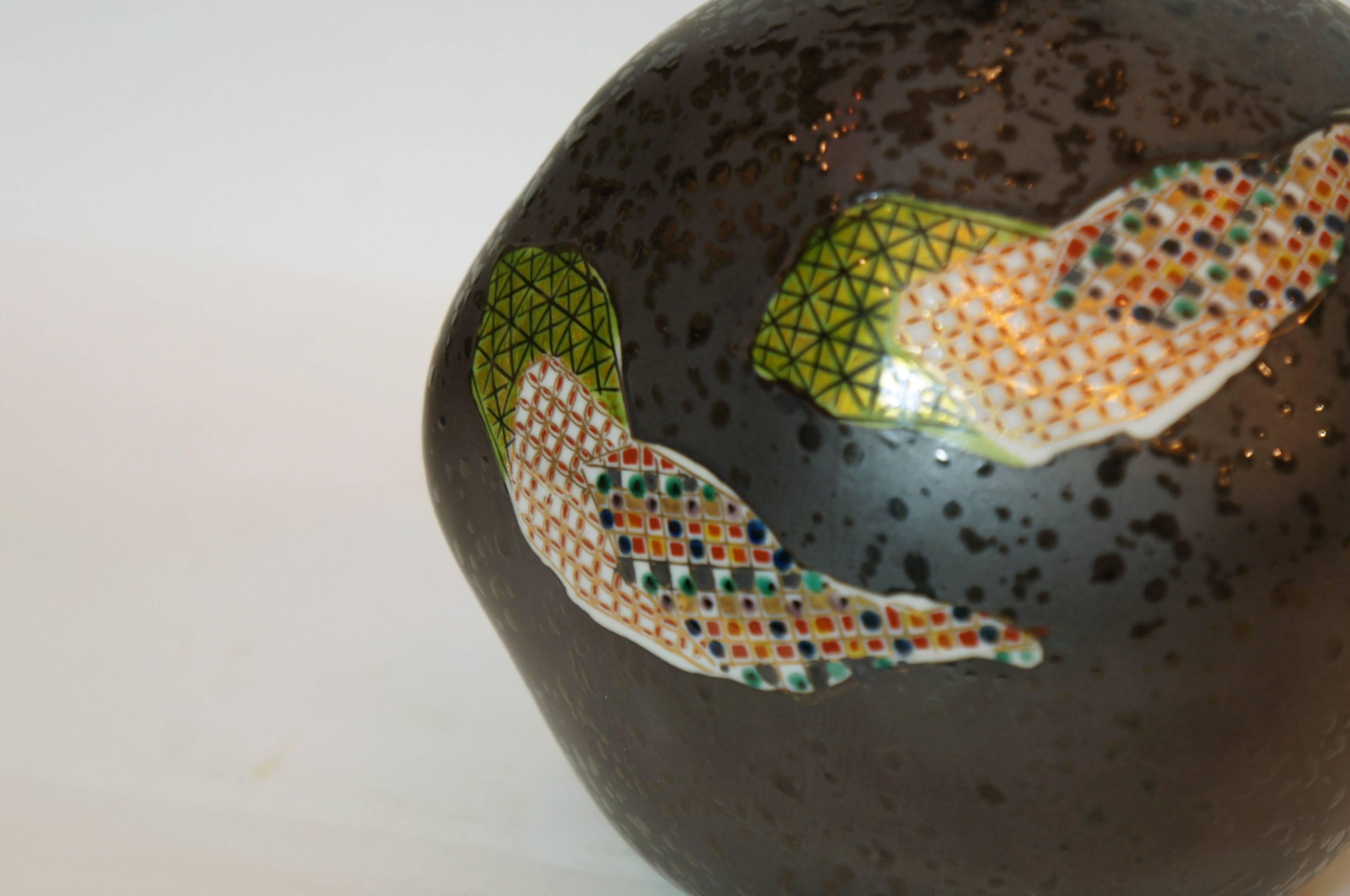 Hand-Crafted Japanese Dark Gray Base Color with Mosaic Motif on Kutani Ware Vase, 1950s For Sale