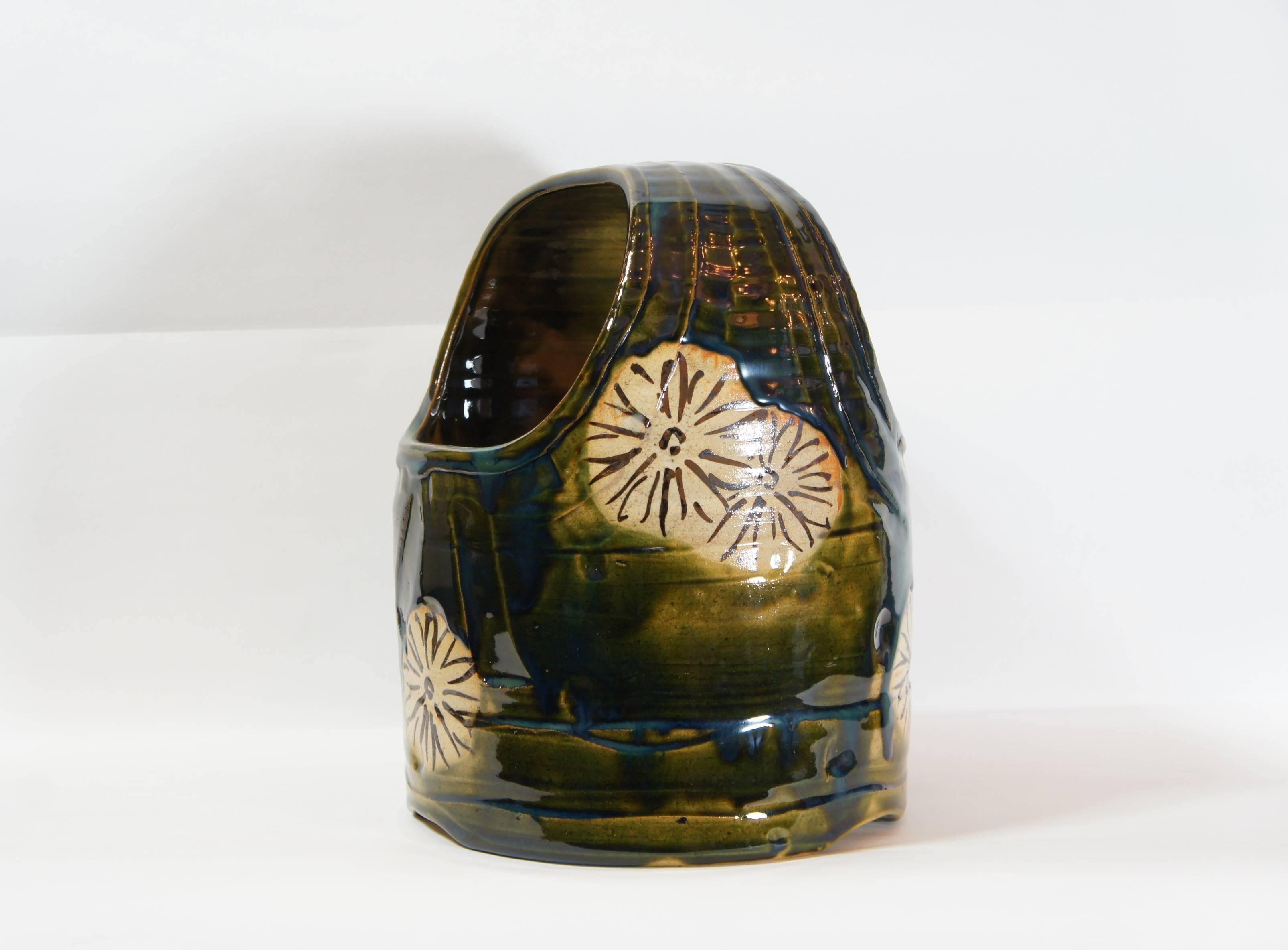 Showa Japanese Dark Green Ceramic Oribe Ware Hibachi, 1930s For Sale