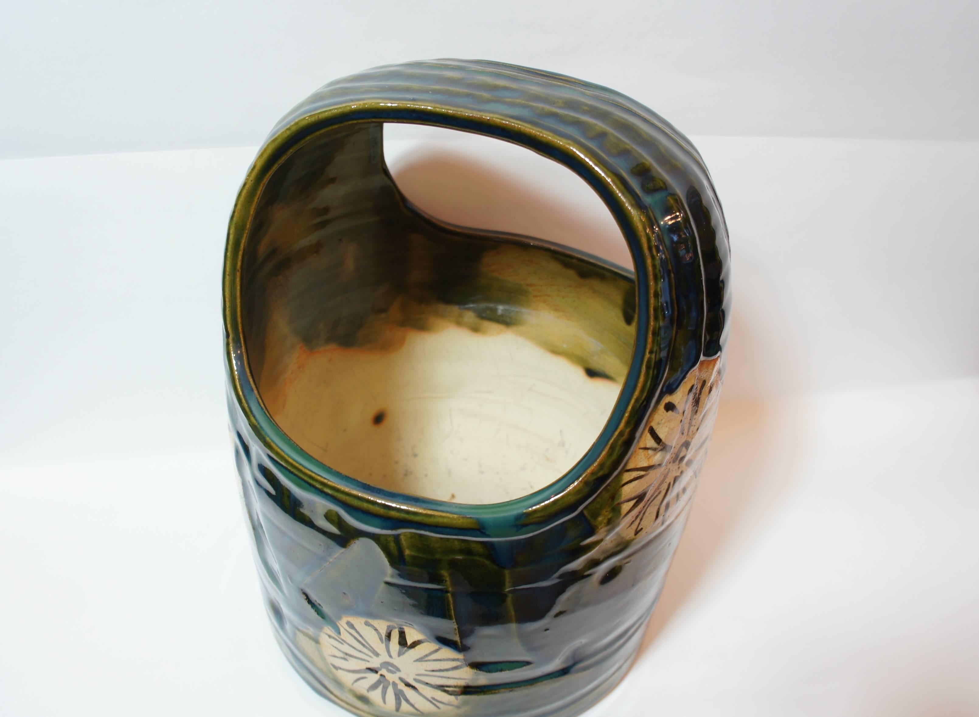 Hand-Crafted Japanese Dark Green Ceramic Oribe Ware Hibachi, 1930s For Sale