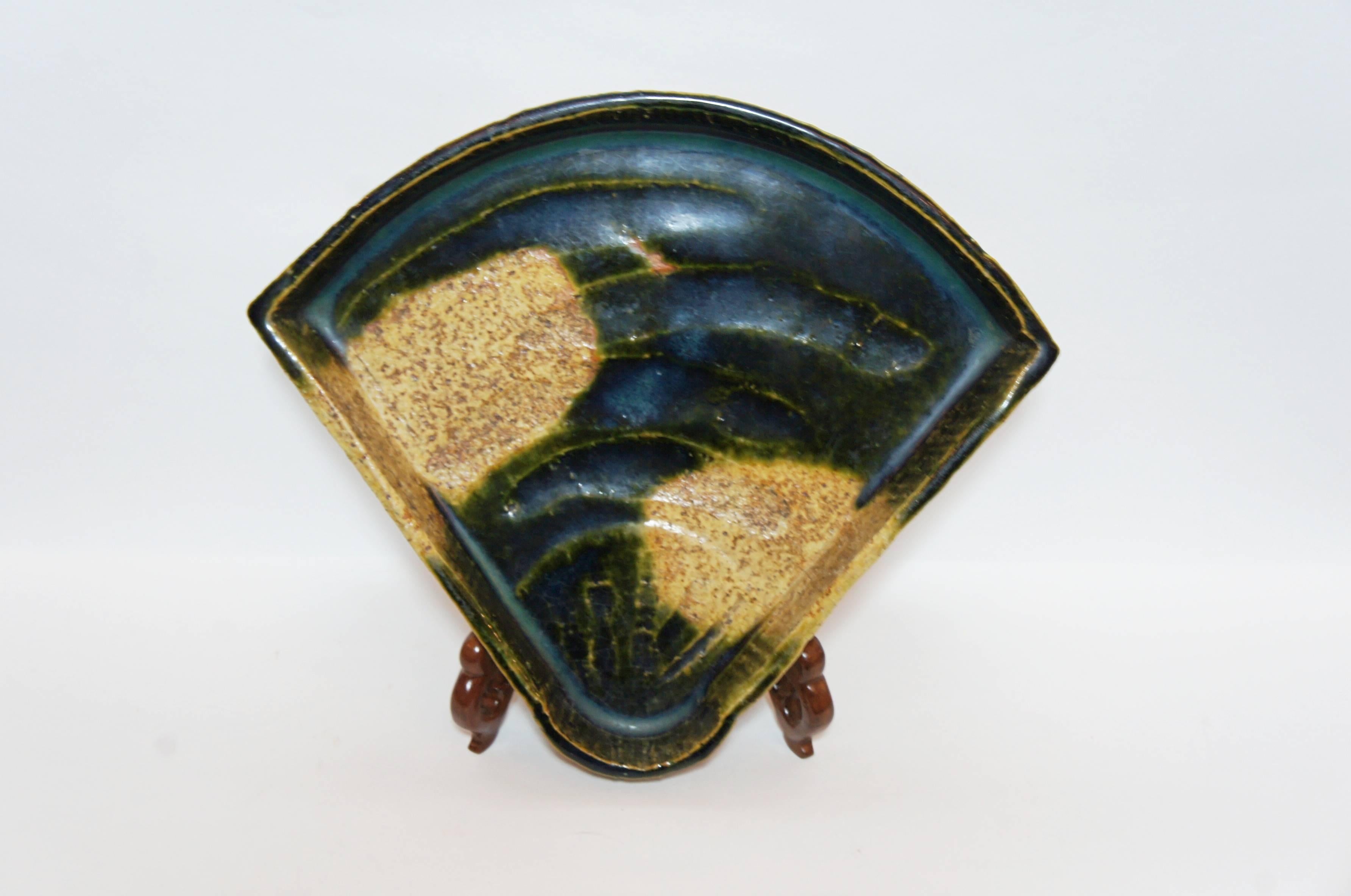 Hand-Crafted Japanese Dark Green Ceramic Oribe Ware Fan Plate, 1950s For Sale
