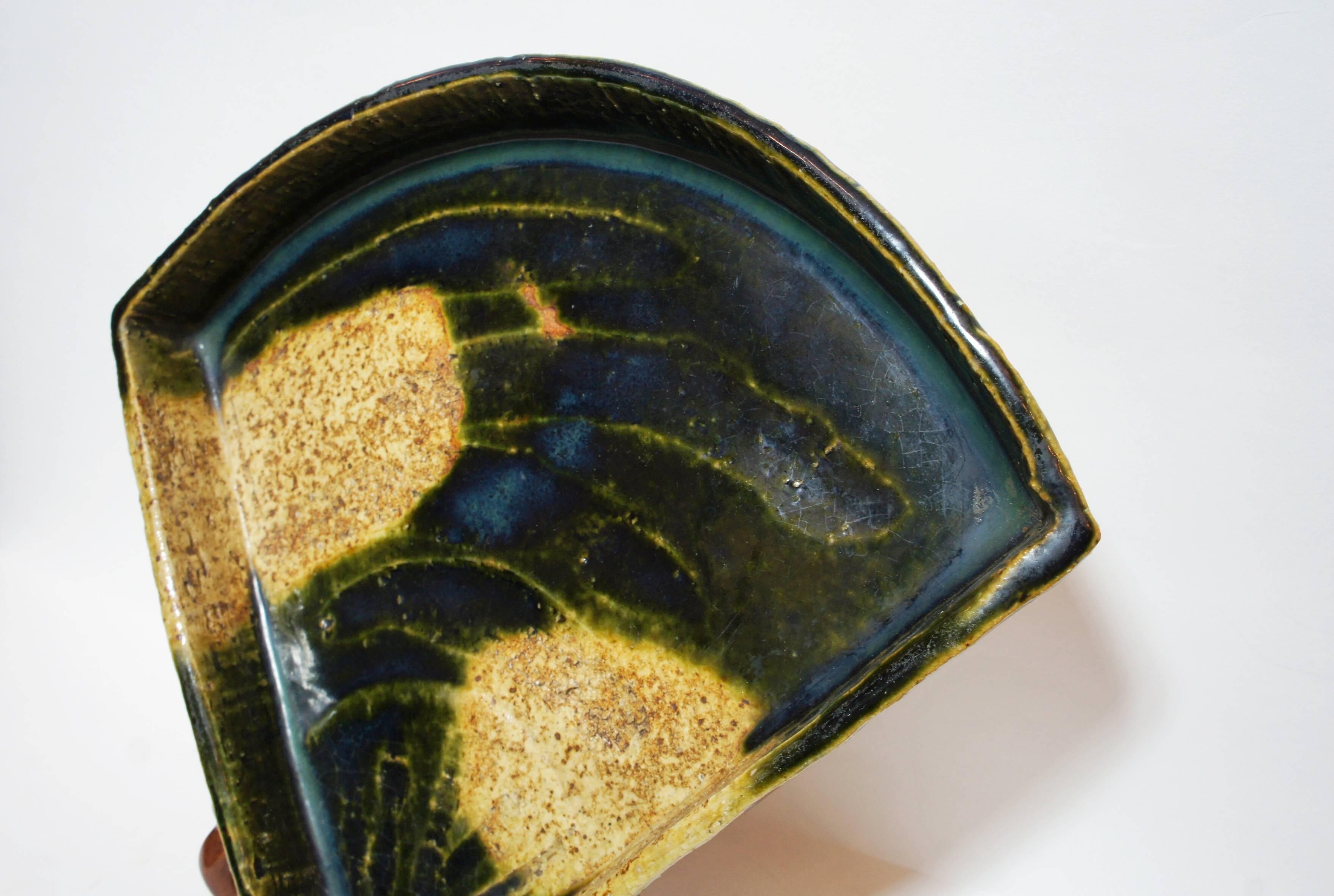 20th Century Japanese Dark Green Ceramic Oribe Ware Fan Plate, 1950s For Sale