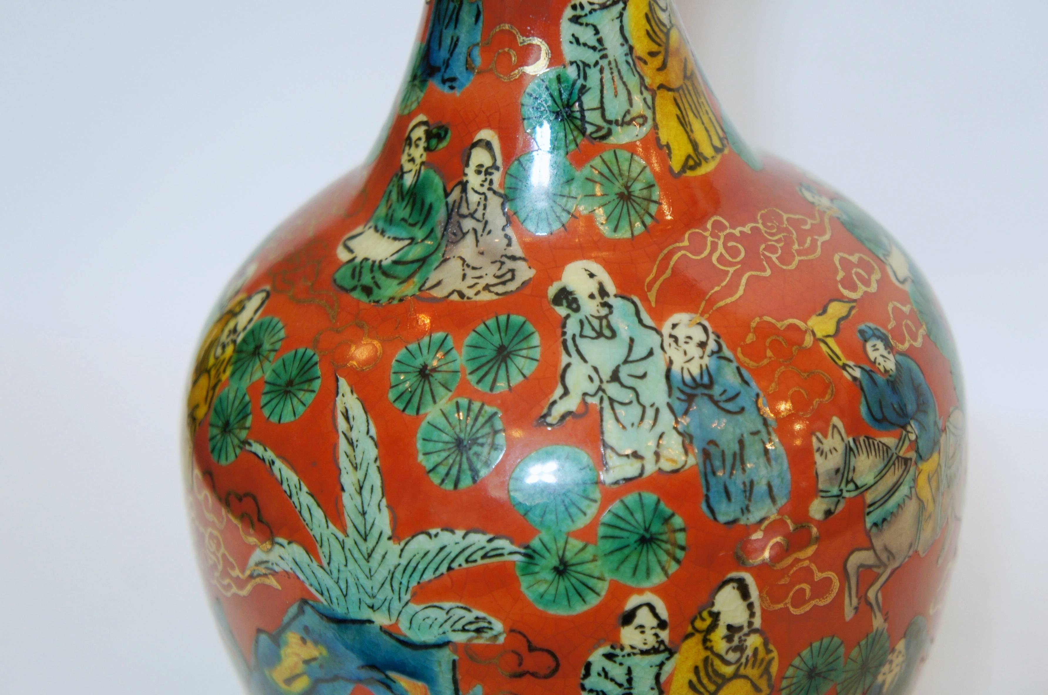 Ceramic Japanese Deep and Bright Red colors Kutani Ware Vase by Aoki Mokubei, 1950s For Sale