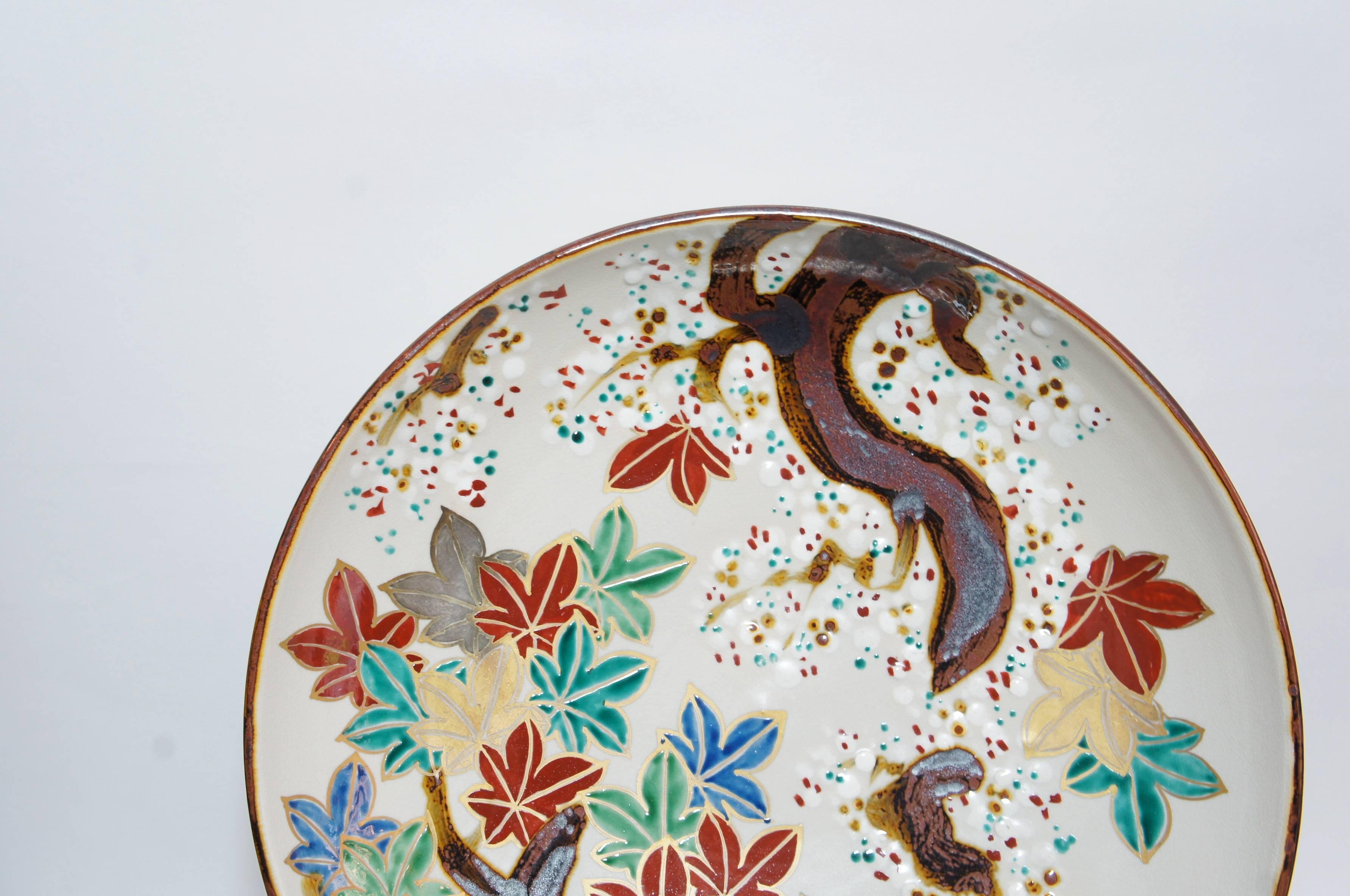 Japanese Autumn Leaves Pattern on Inuyama Ware Plate, 2000s For Sale 4