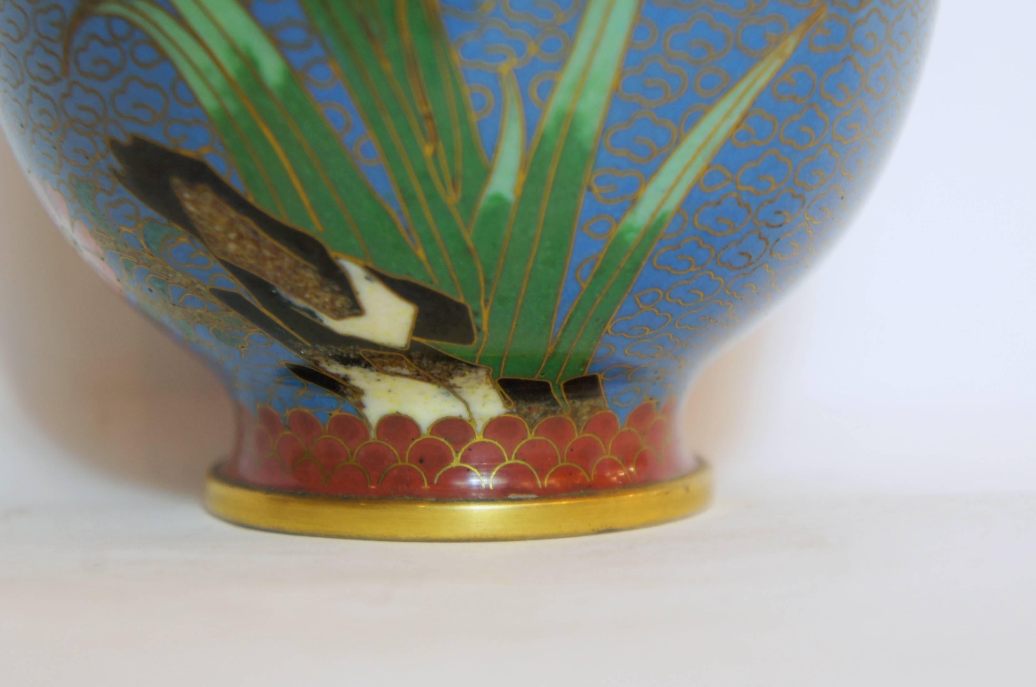 Chinese Cloisonne Blue Vase with Flower Painting, 1950s In Excellent Condition For Sale In Paris, FR