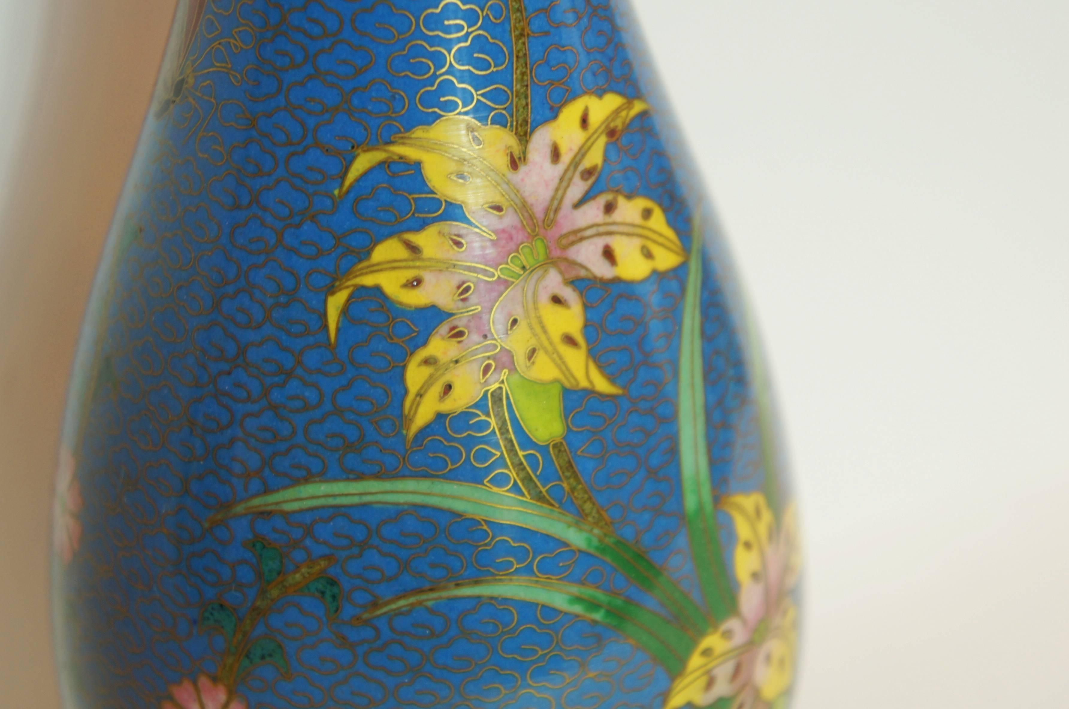 Cloissoné Chinese Cloisonne Blue Vase with Flower Painting, 1950s For Sale