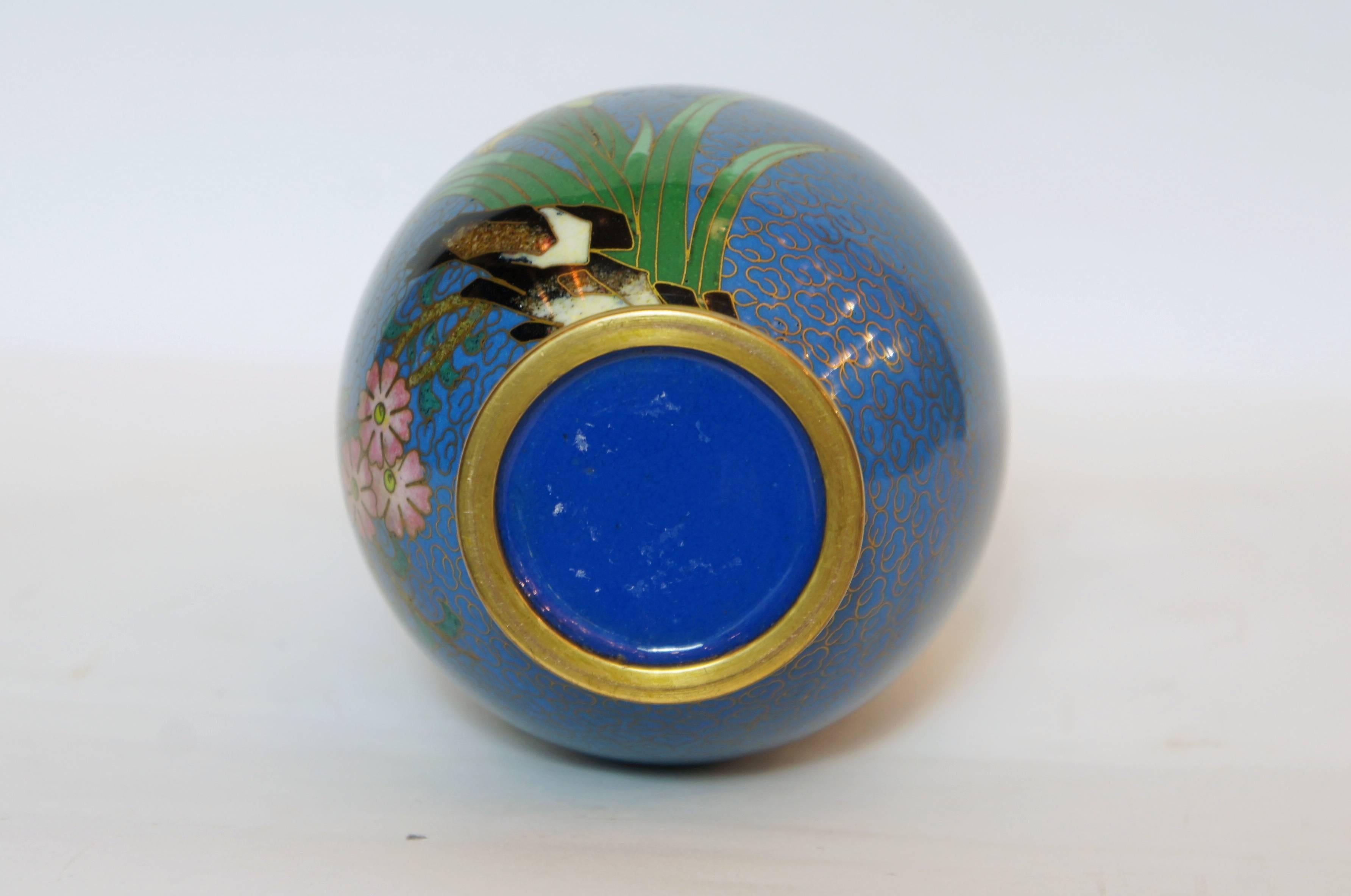 Metal Chinese Cloisonne Blue Vase with Flower Painting, 1950s For Sale