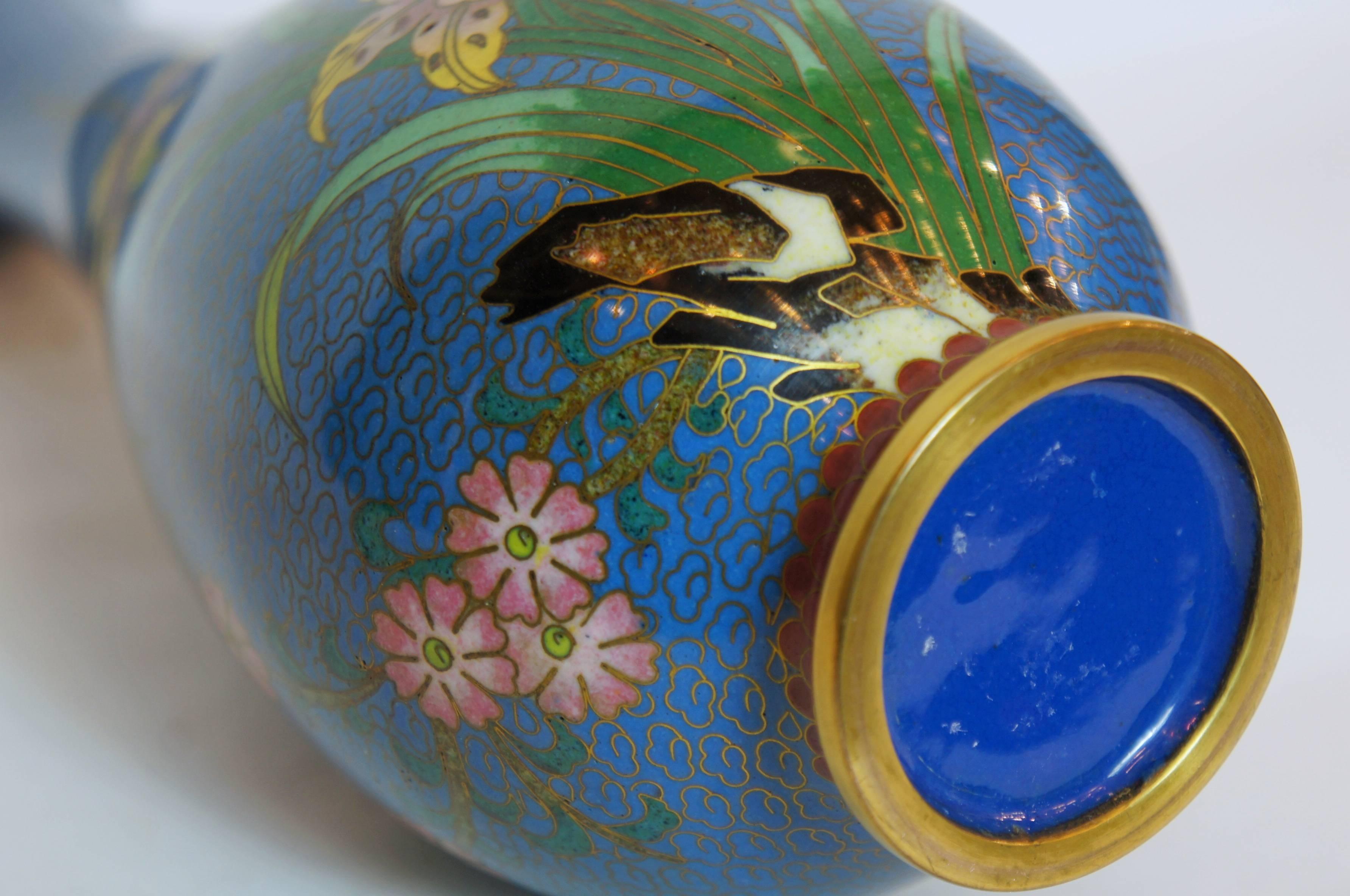 Chinese Cloisonne Blue Vase with Flower Painting, 1950s For Sale 1