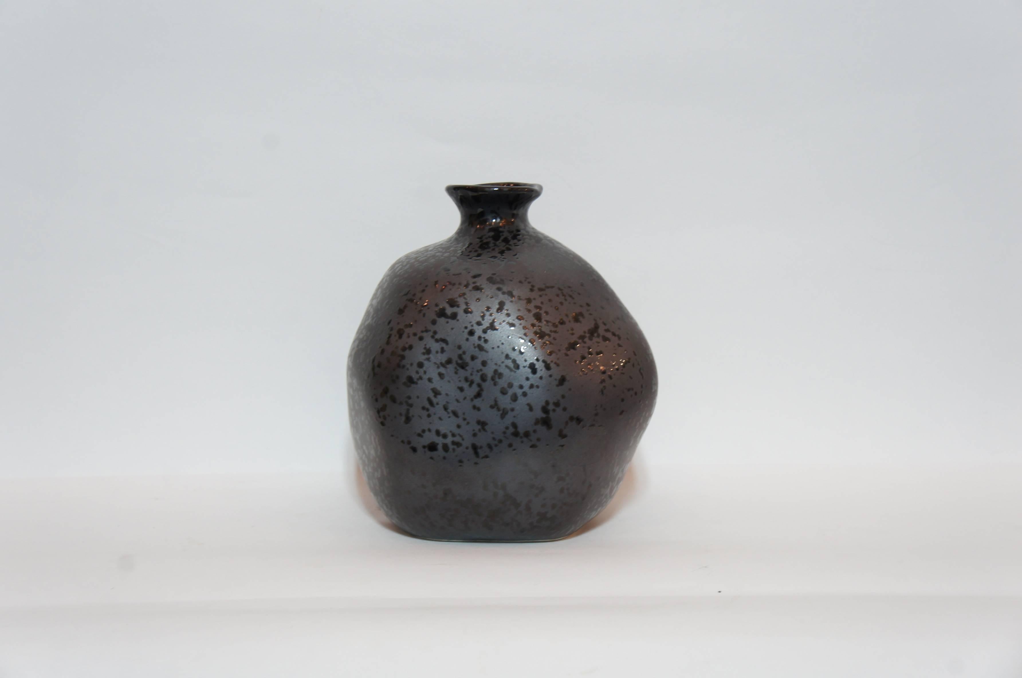 Showa Japanese Dark Gray Base Color with Mosaic Motif on Kutani Ware Vase, 1950s For Sale