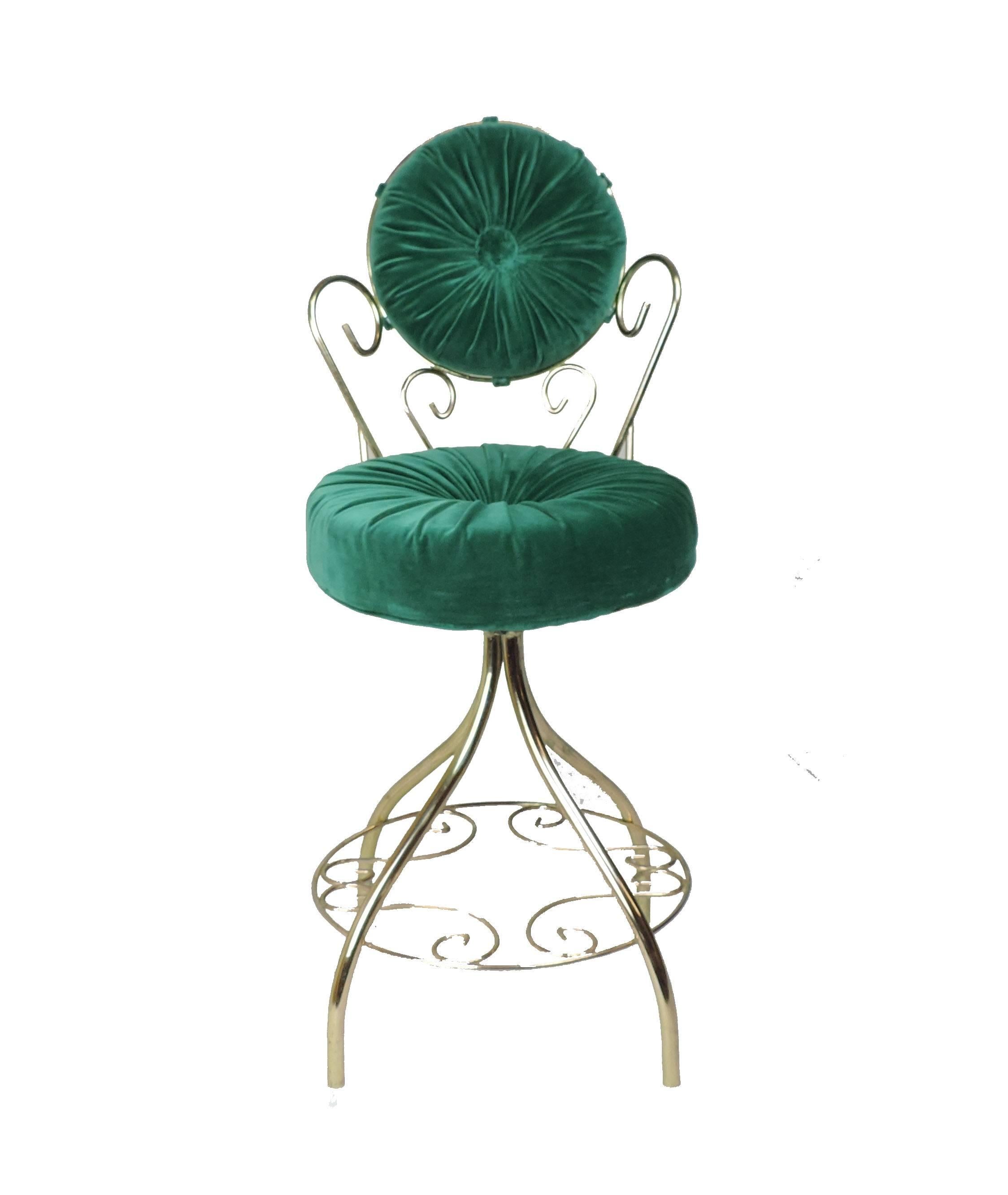 Hollywood Regency brass vanity chair with buttons tufted velveteen green velvet cushions.
     
 