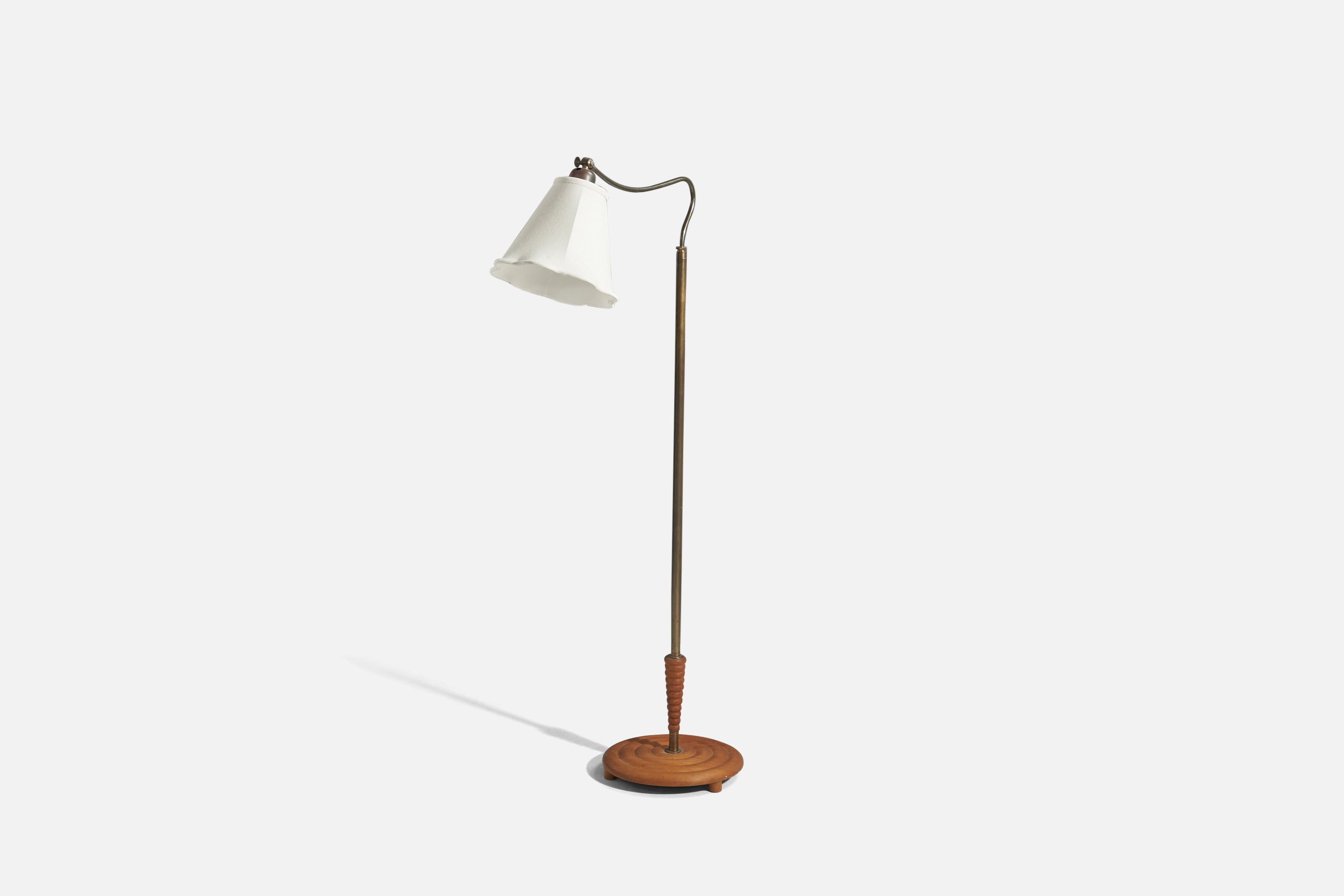 Swedish Designer, Floor Lamp, Brass, Wood, Fabric, Sweden, 1940s