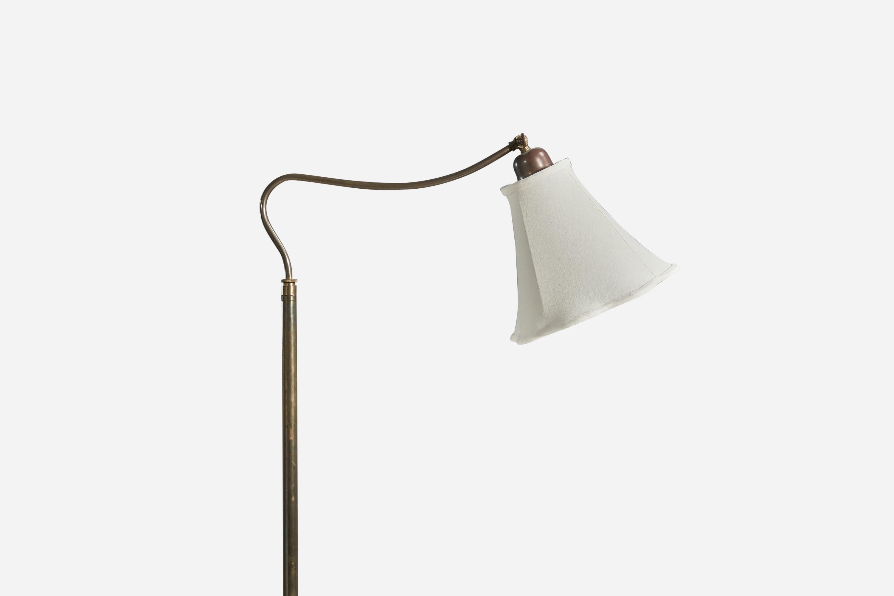 Swedish Designer, Floor Lamp, Brass, Wood, Fabric, Sweden, 1940s For Sale 1