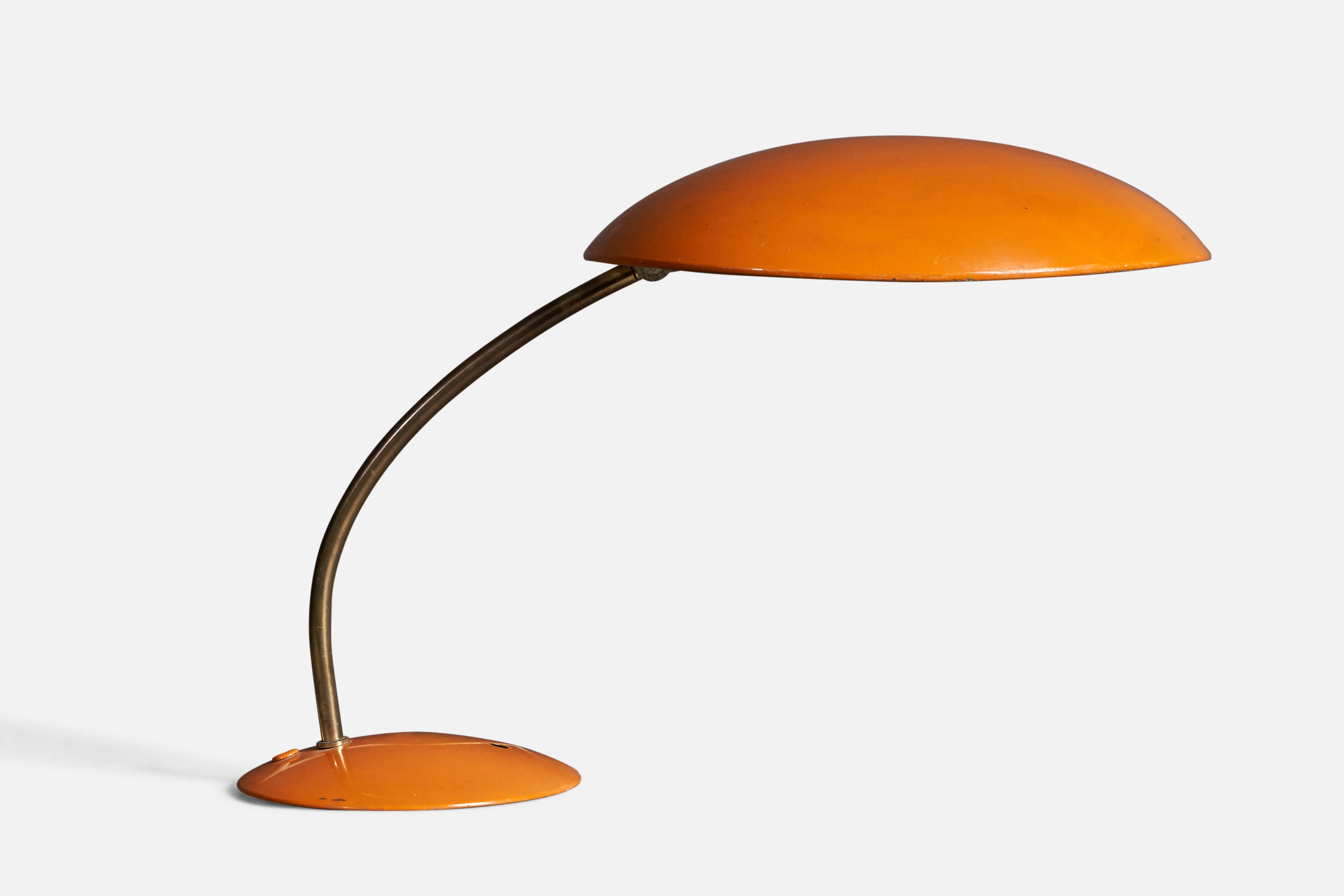 Christian Dell, Table Lamp, Brass, Orange-Lacquered Metal, Germany, 1950s For Sale