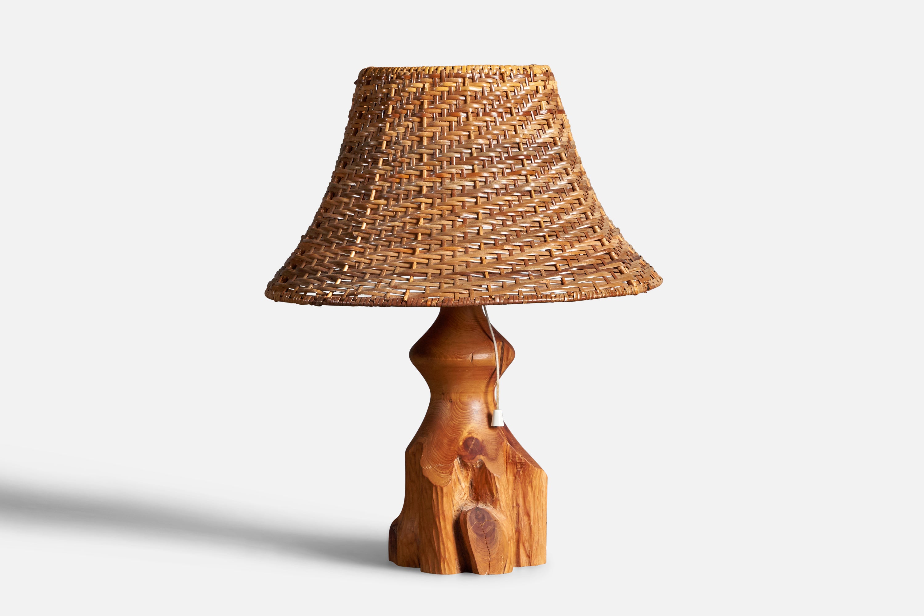 Swedish craft, Free-form Table Lamp, Solid Pine, Fabric, Sweden, 1970s