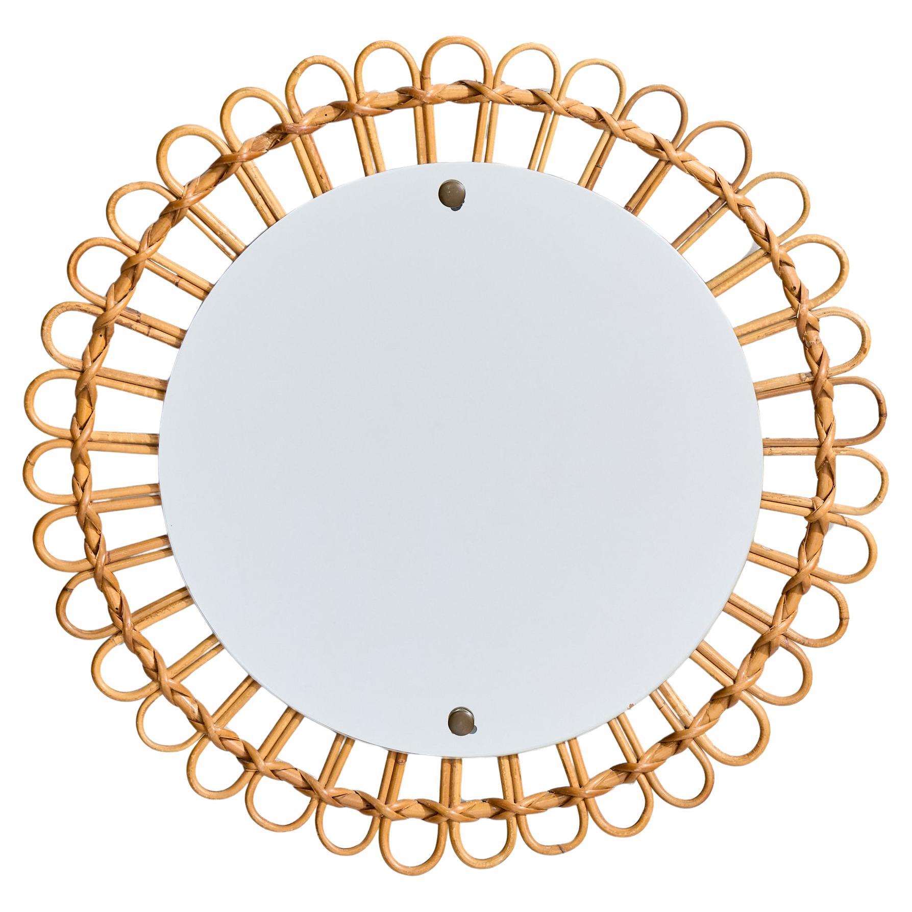 Specchio di design italiano, bambù, rattan, vetro a specchio, Italia, anni '50