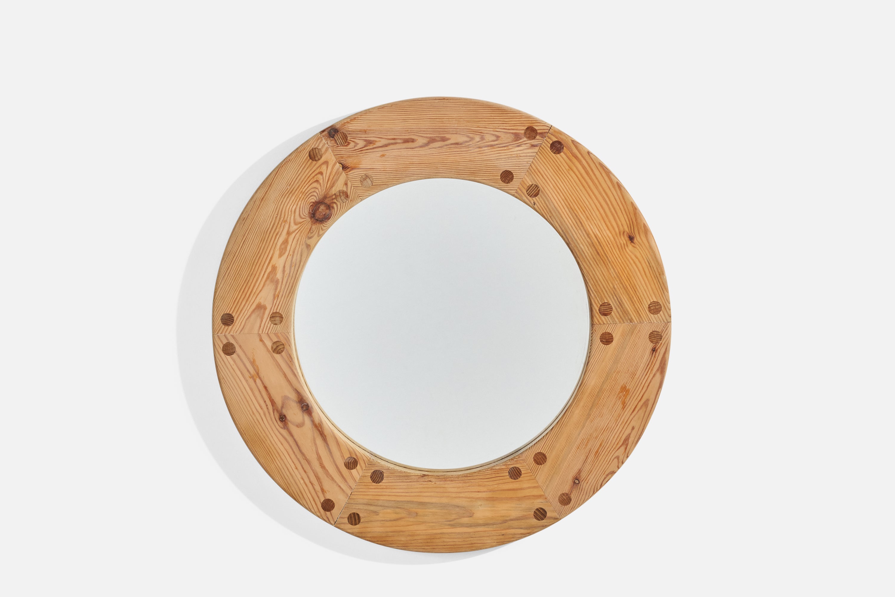 Uno Kristiansson, Round Wall Mirror, Solid Pine, Luxus, Sweden, 1960s