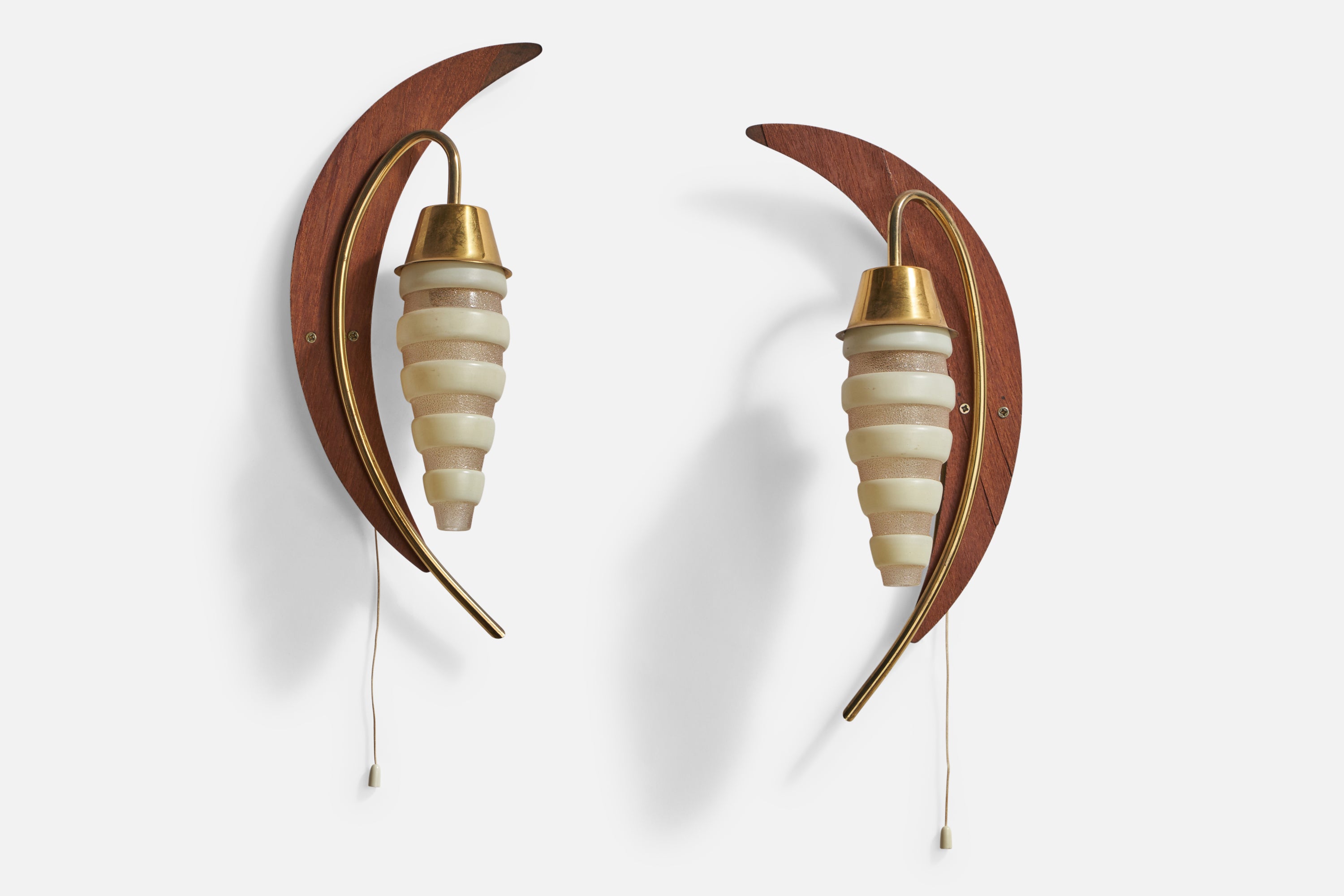 Swedish Designer, Wall Lights, Teak, Brass, Glass, Sweden, 1950s