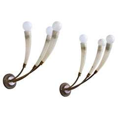 Italian Designer, Wall Lights, Brass, Glass, Italy, 1950s