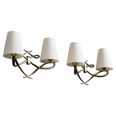 Italian Designer, Wall Lights, Brass, Fabric, Italy, 1930s