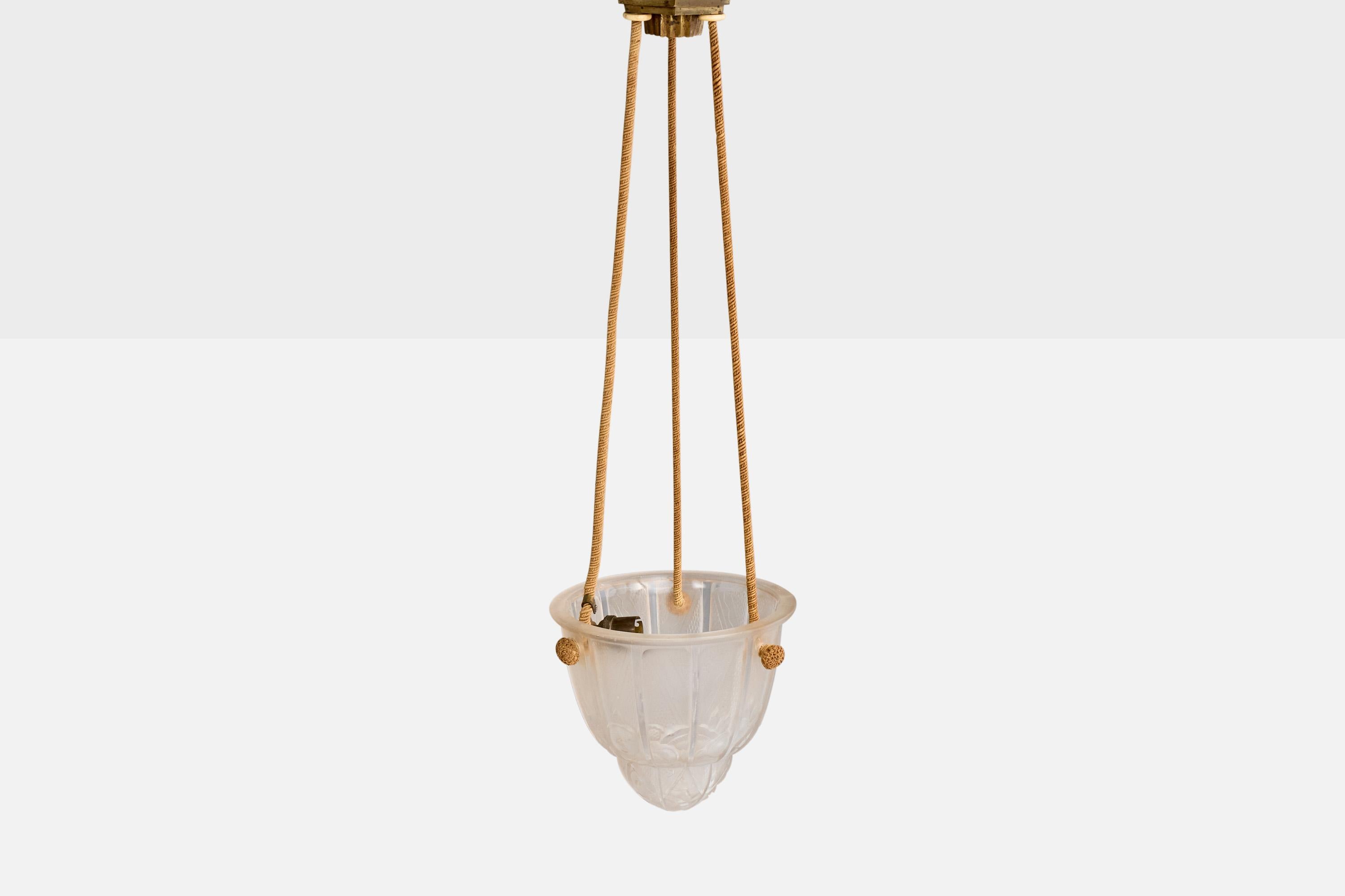 Mid-20th Century French Designer, Pendant Light, Glass, Rope, Brass, France, 1930s For Sale