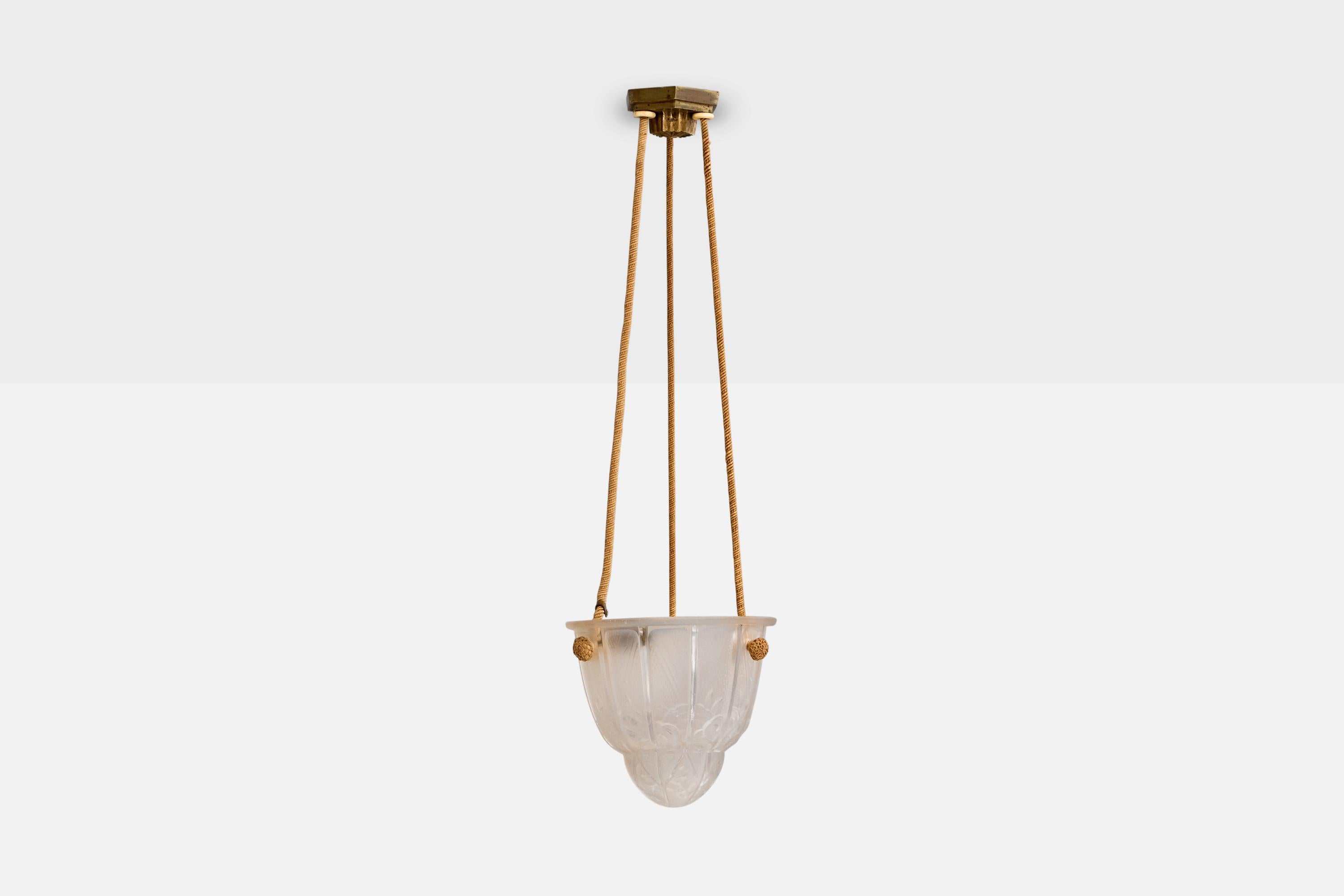French Designer, Pendant Light, Glass, Rope, Brass, France, 1930s In Good Condition For Sale In High Point, NC