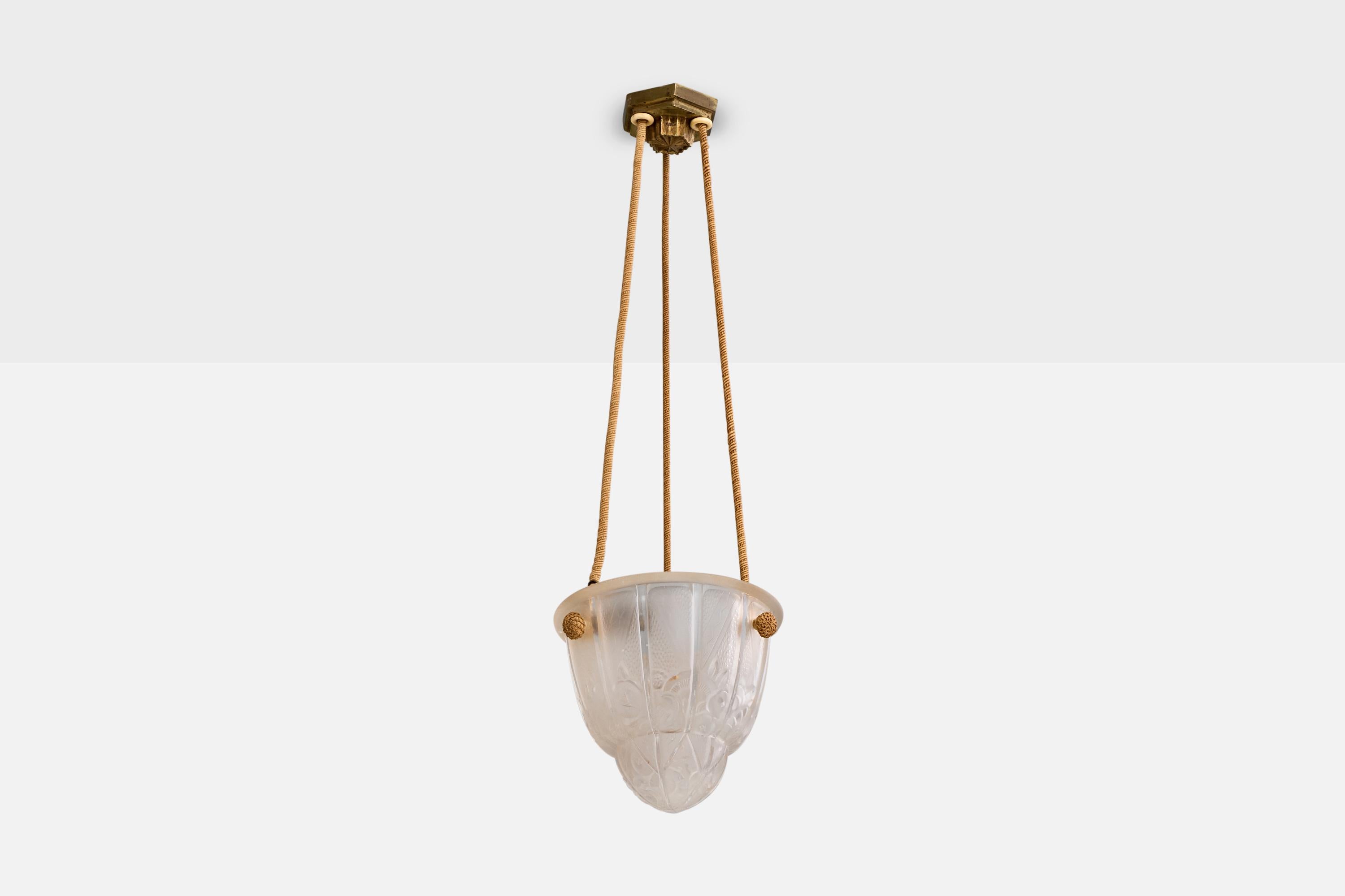 A glass, brown rope and brass pendant light designed and produced in France, c. 1930s.

Overall Dimensions (inches): 27.0