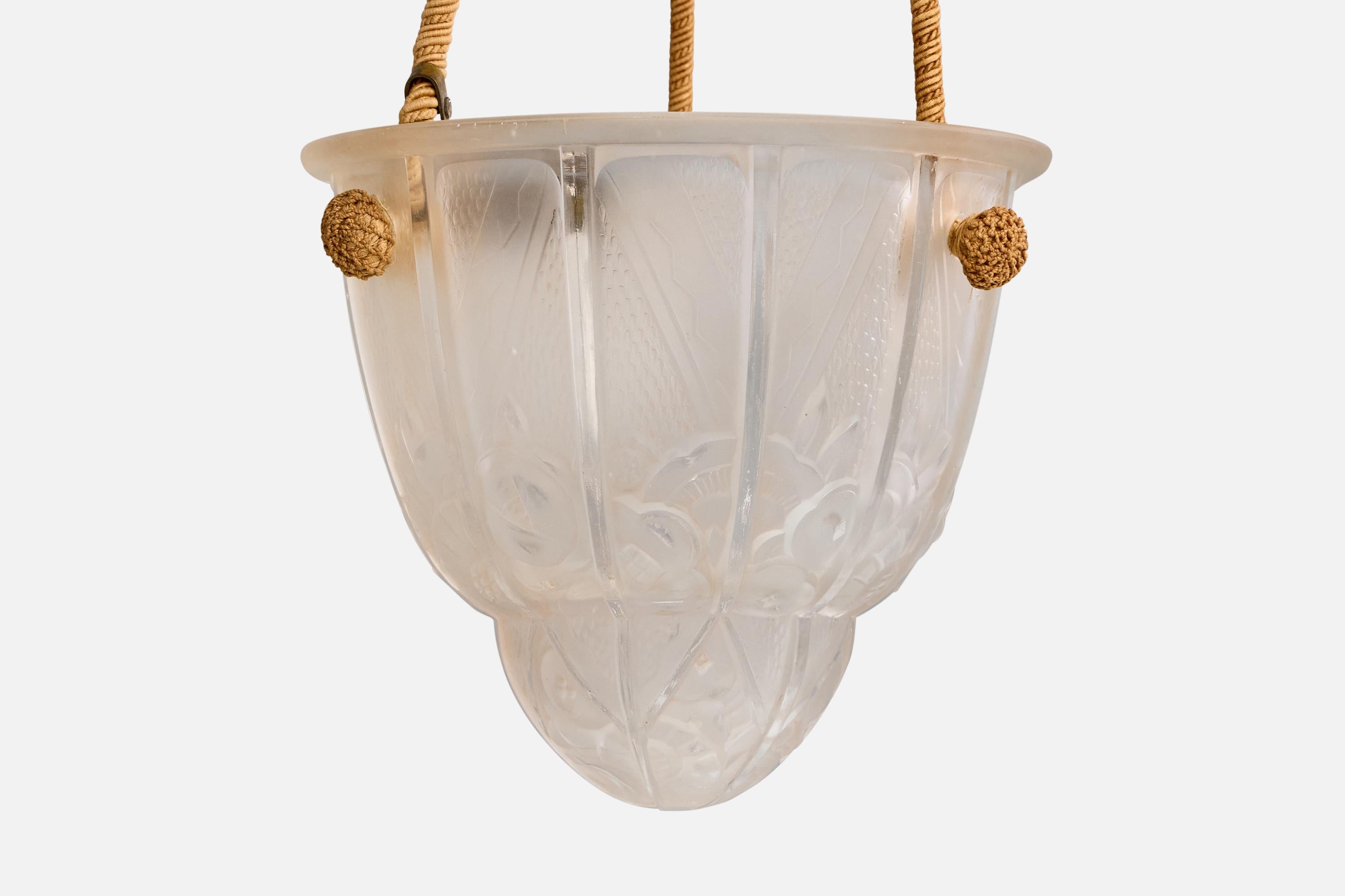 French Designer, Pendant Light, Glass, Rope, Brass, France, 1930s For Sale 1