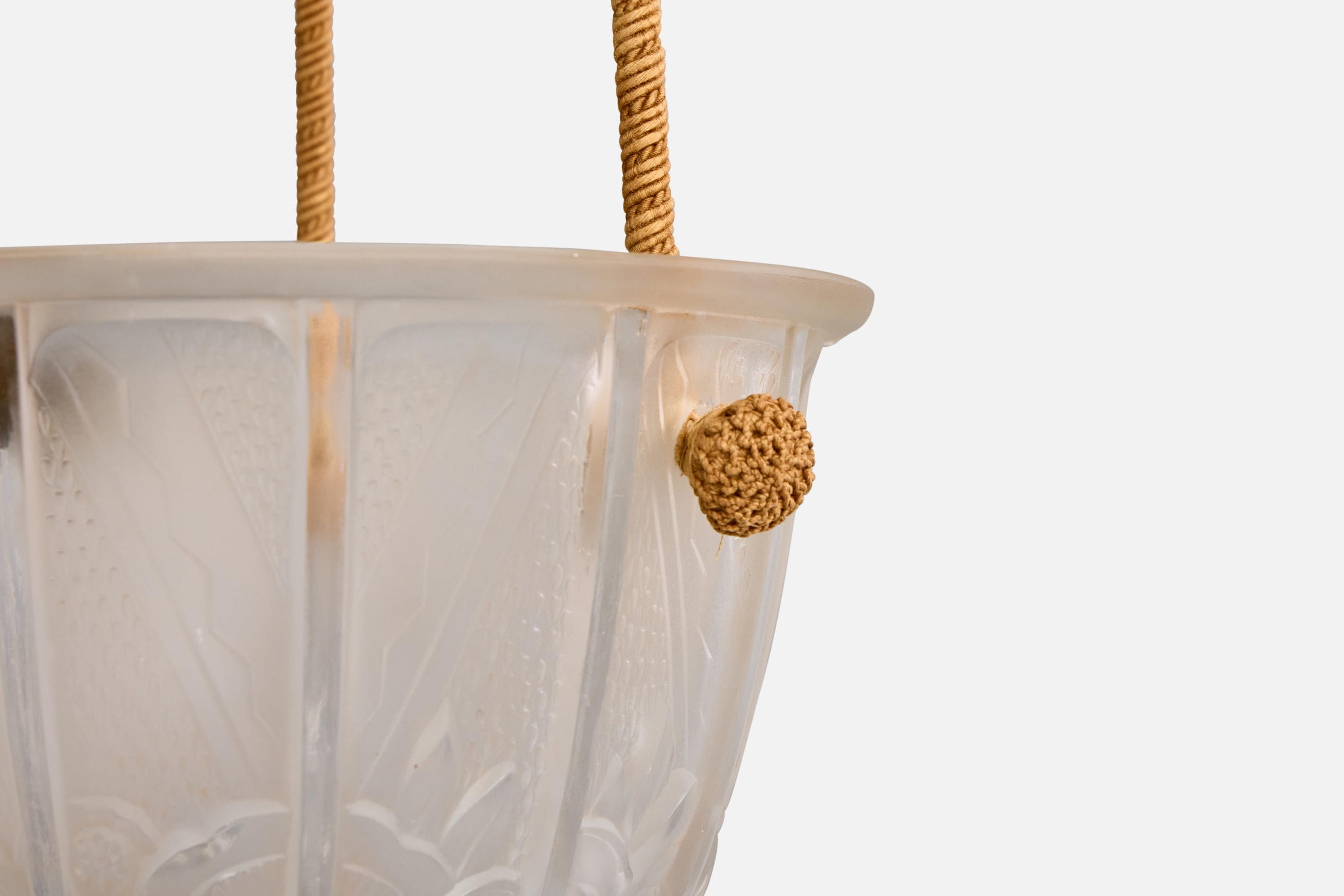 French Designer, Pendant Light, Glass, Rope, Brass, France, 1930s For Sale 3