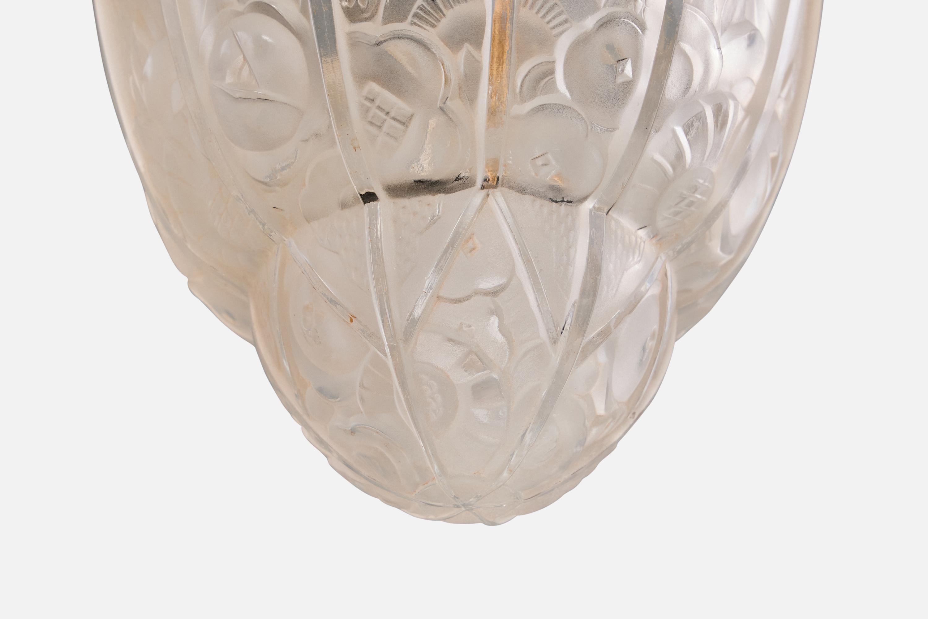 French Designer, Pendant Light, Glass, Rope, Brass, France, 1930s For Sale 2
