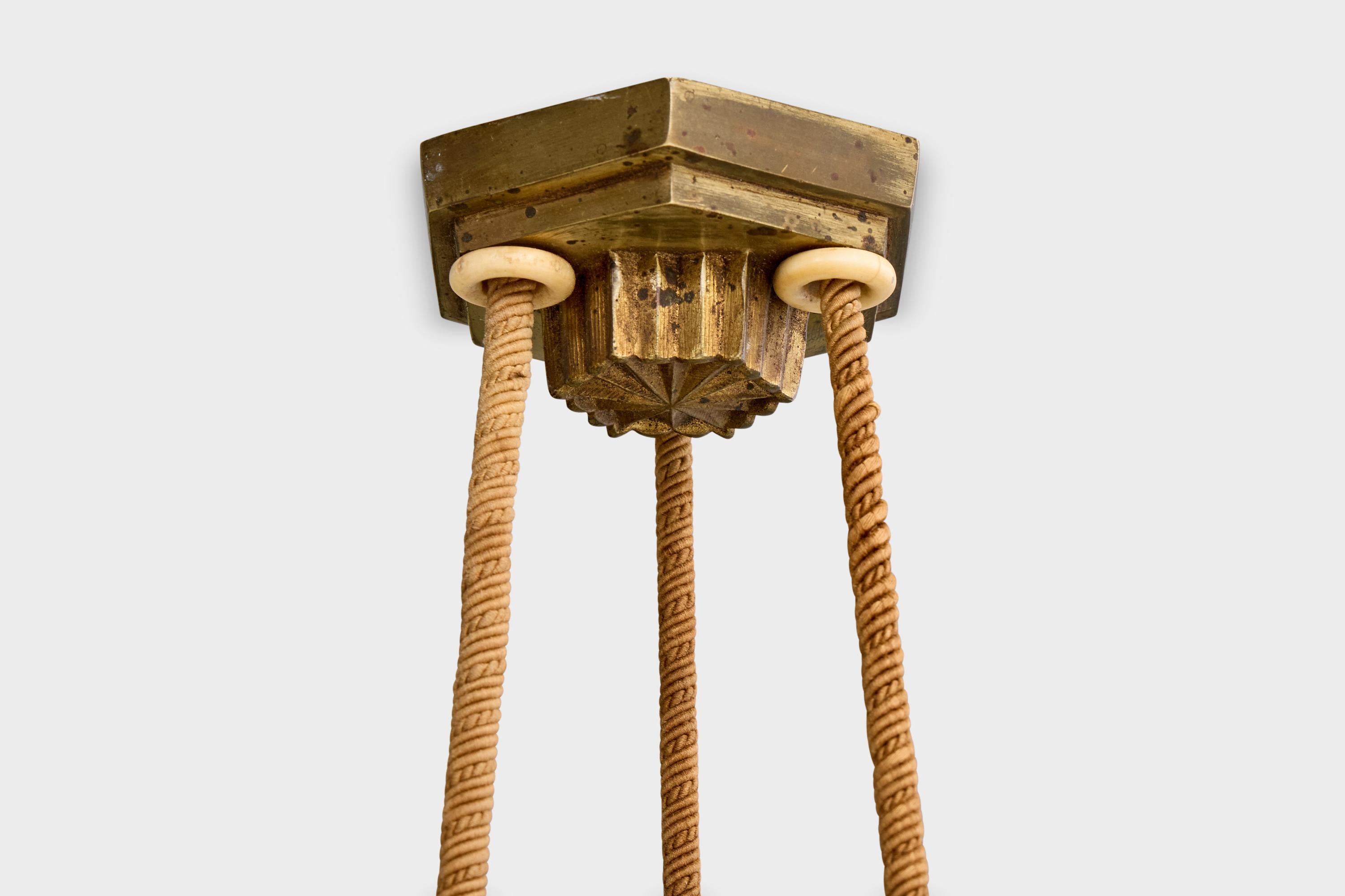 French Designer, Pendant Light, Glass, Rope, Brass, France, 1930s For Sale 4