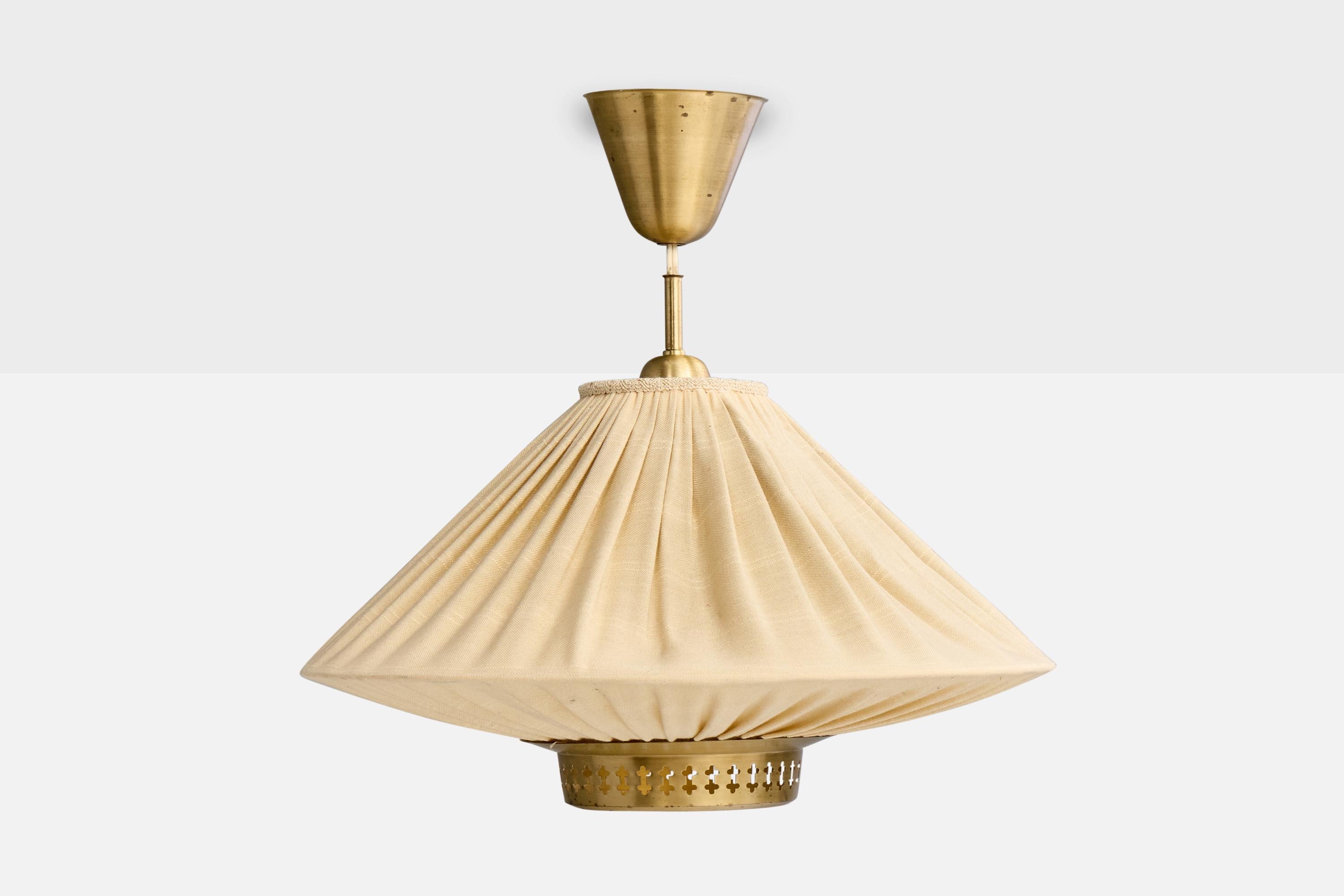 Mid-Century Modern Hans Bergström, Pendant Light, Brass, Fabric, Sweden, 1950s For Sale