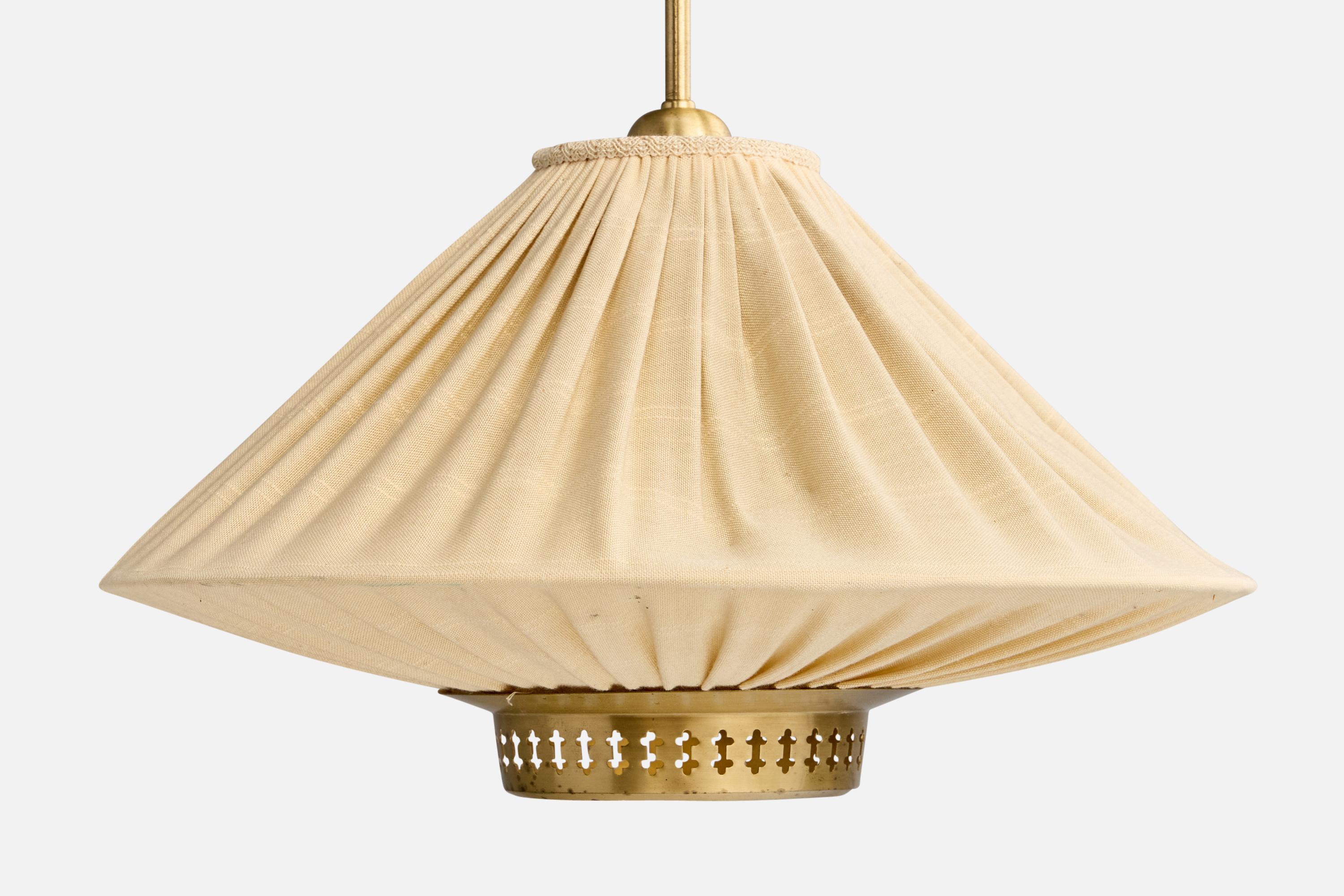 Hans Bergström, Pendant Light, Brass, Fabric, Sweden, 1950s In Good Condition For Sale In High Point, NC