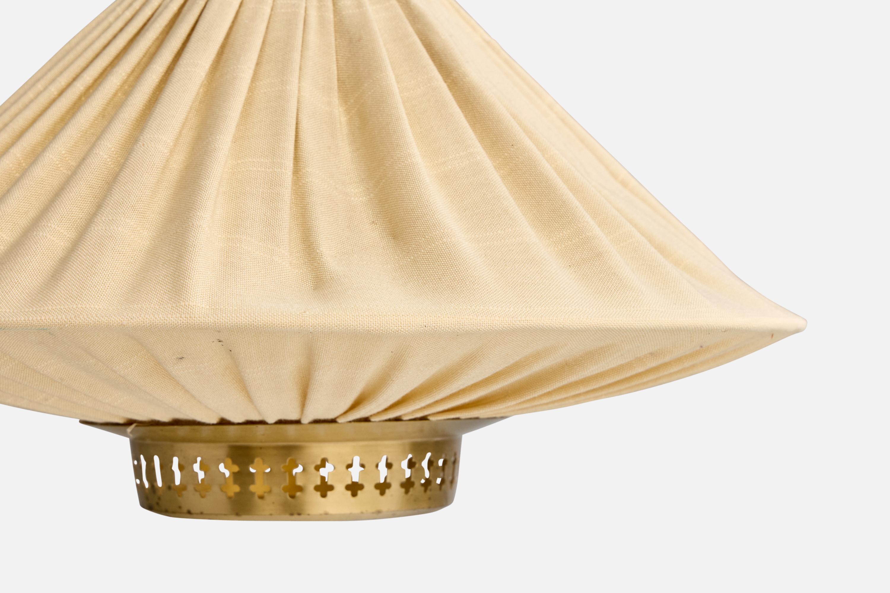 Hans Bergström, Pendant Light, Brass, Fabric, Sweden, 1950s For Sale 1