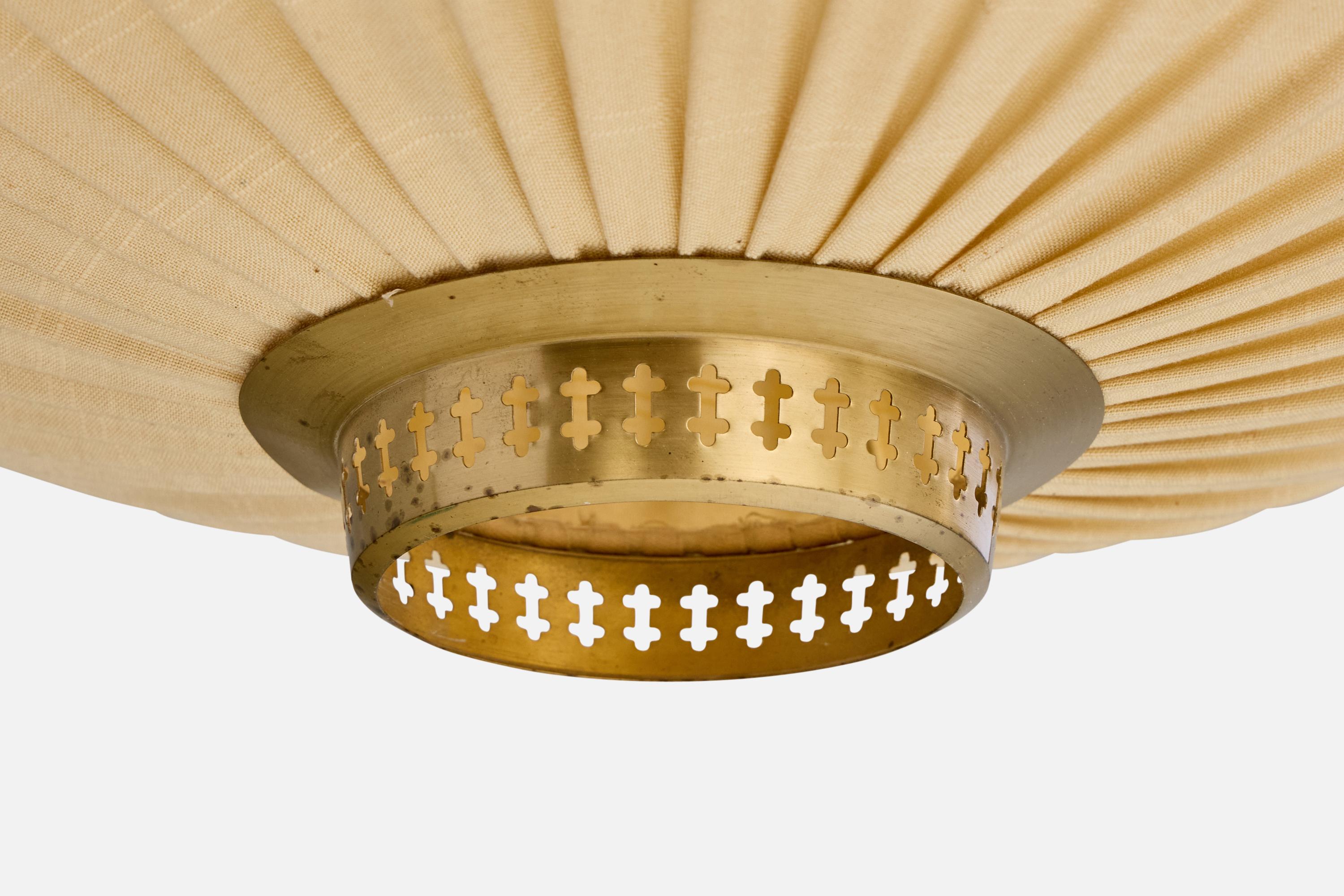 Mid-20th Century Hans Bergström, Pendant Light, Brass, Fabric, Sweden, 1950s For Sale