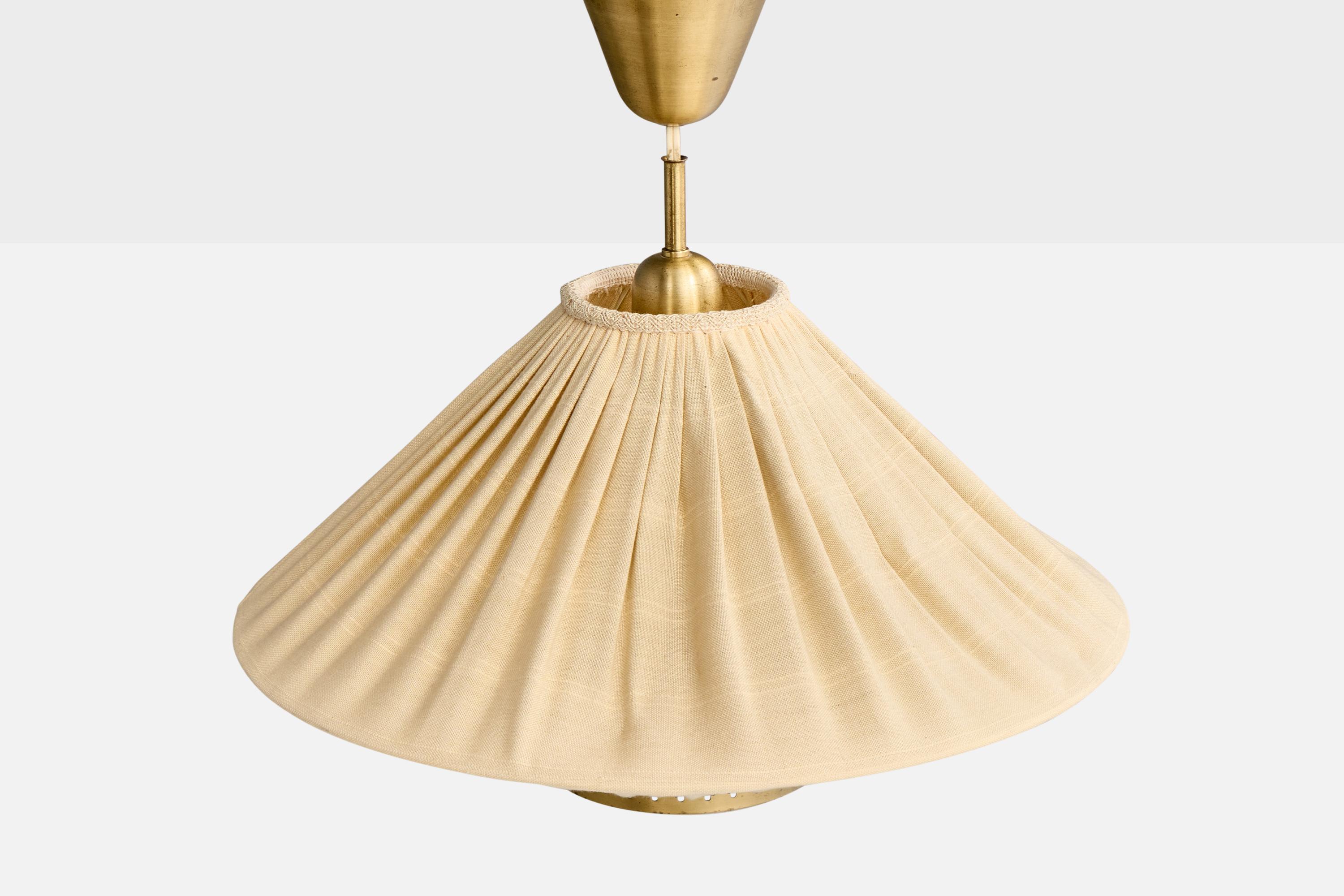 Swedish Hans Bergström, Pendant Light, Brass, Fabric, Sweden, 1950s For Sale