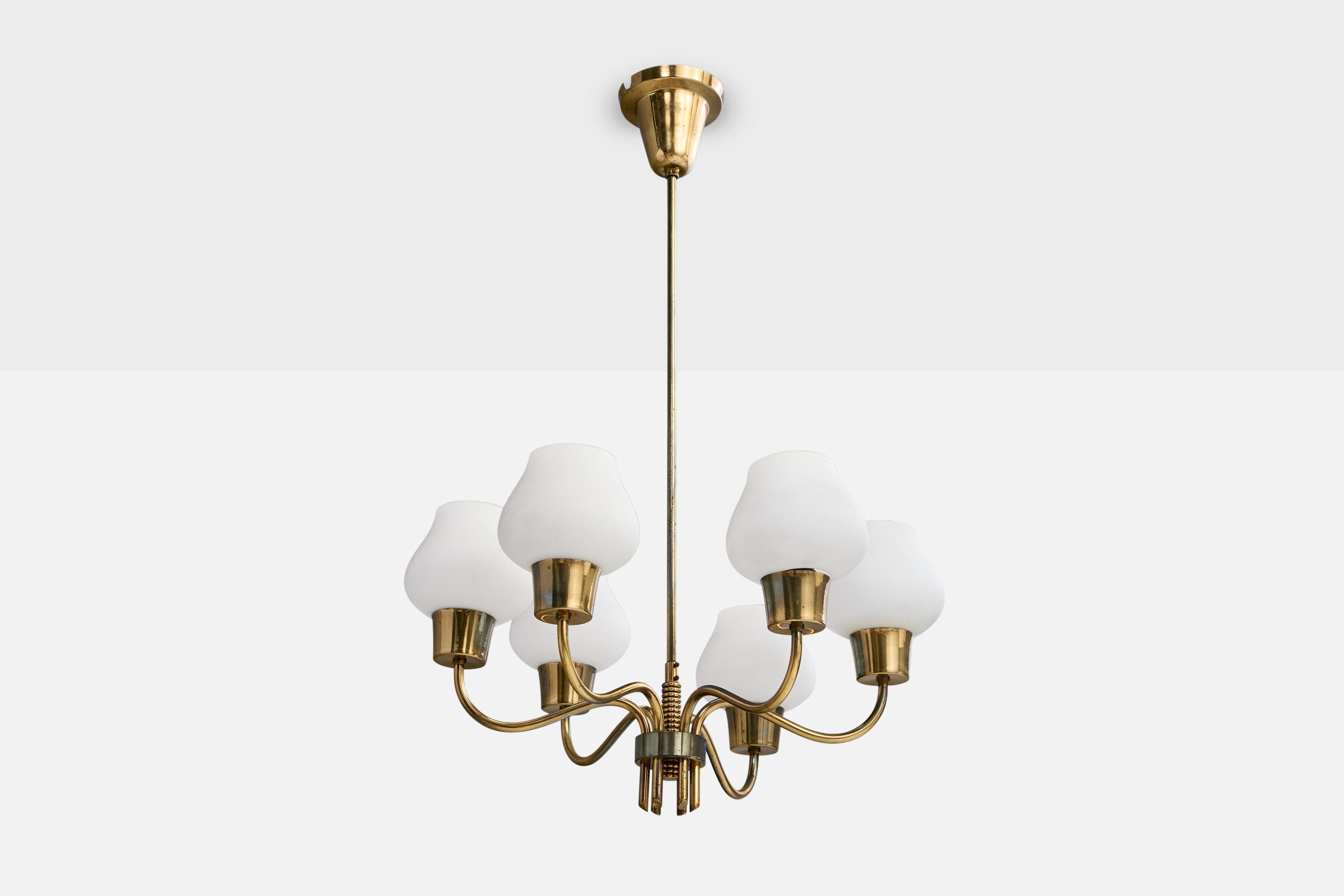 A brass and white opaline glass chandelier designed and produced in Denmark, c. 1950s.

Overall Dimensions (inches): 33.0