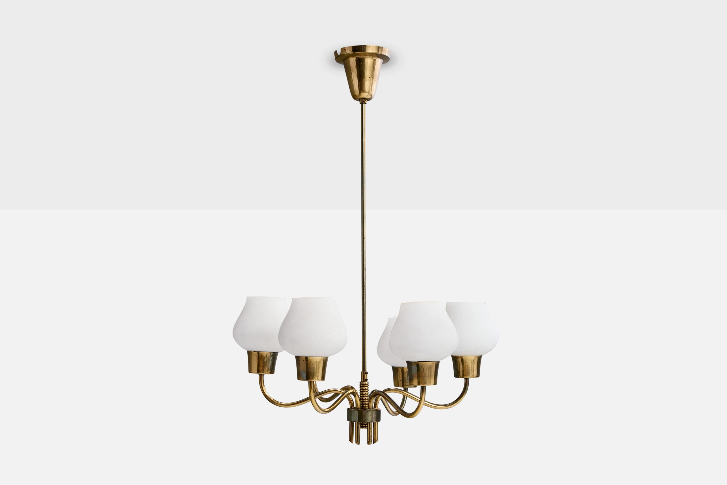 Mid-Century Modern Danish Designer, Chandelier, Brass, Glass, Denmark, 1950s For Sale