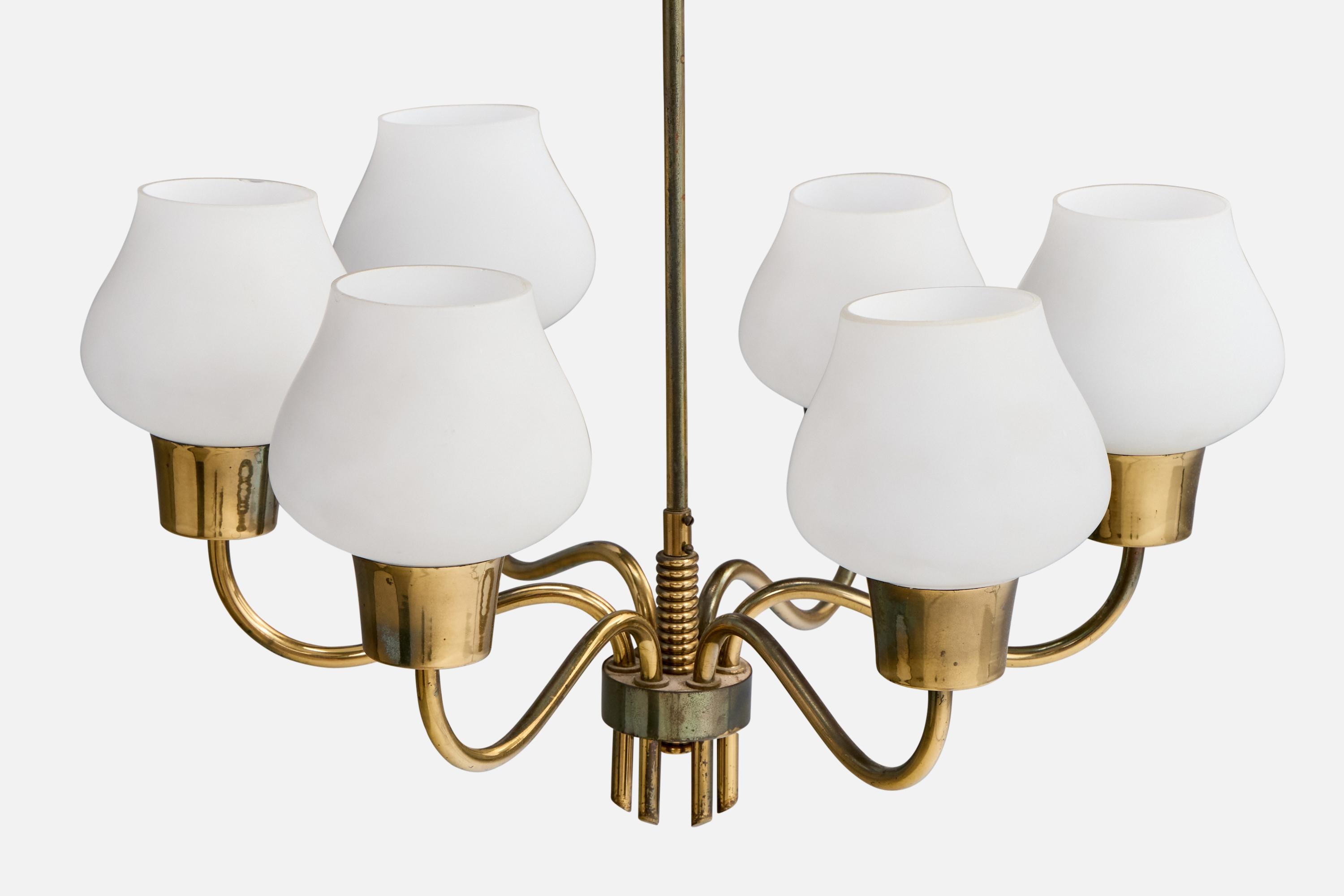 Mid-20th Century Danish Designer, Chandelier, Brass, Glass, Denmark, 1950s For Sale