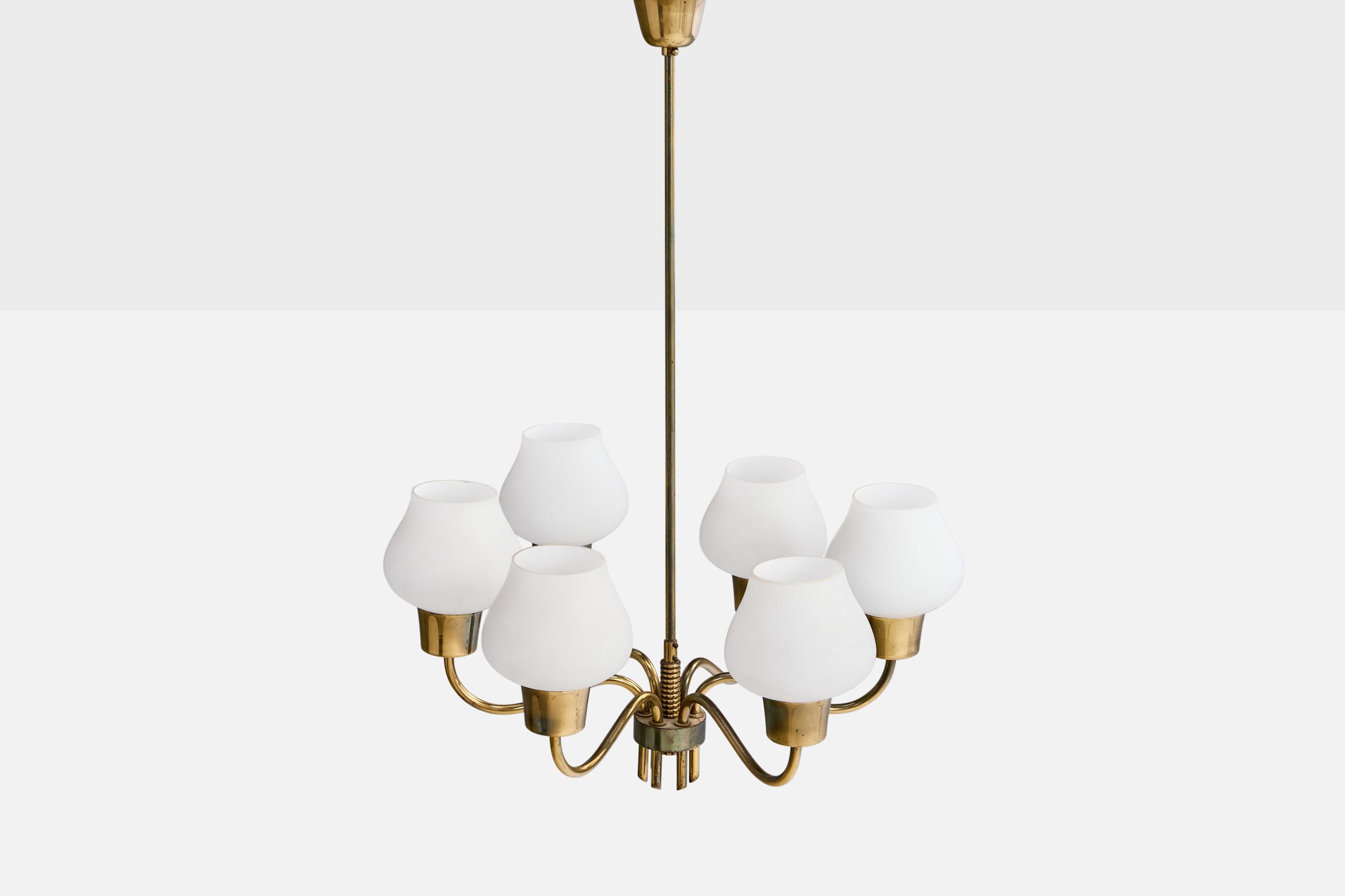 Danish Designer, Chandelier, Brass, Glass, Denmark, 1950s In Good Condition For Sale In High Point, NC