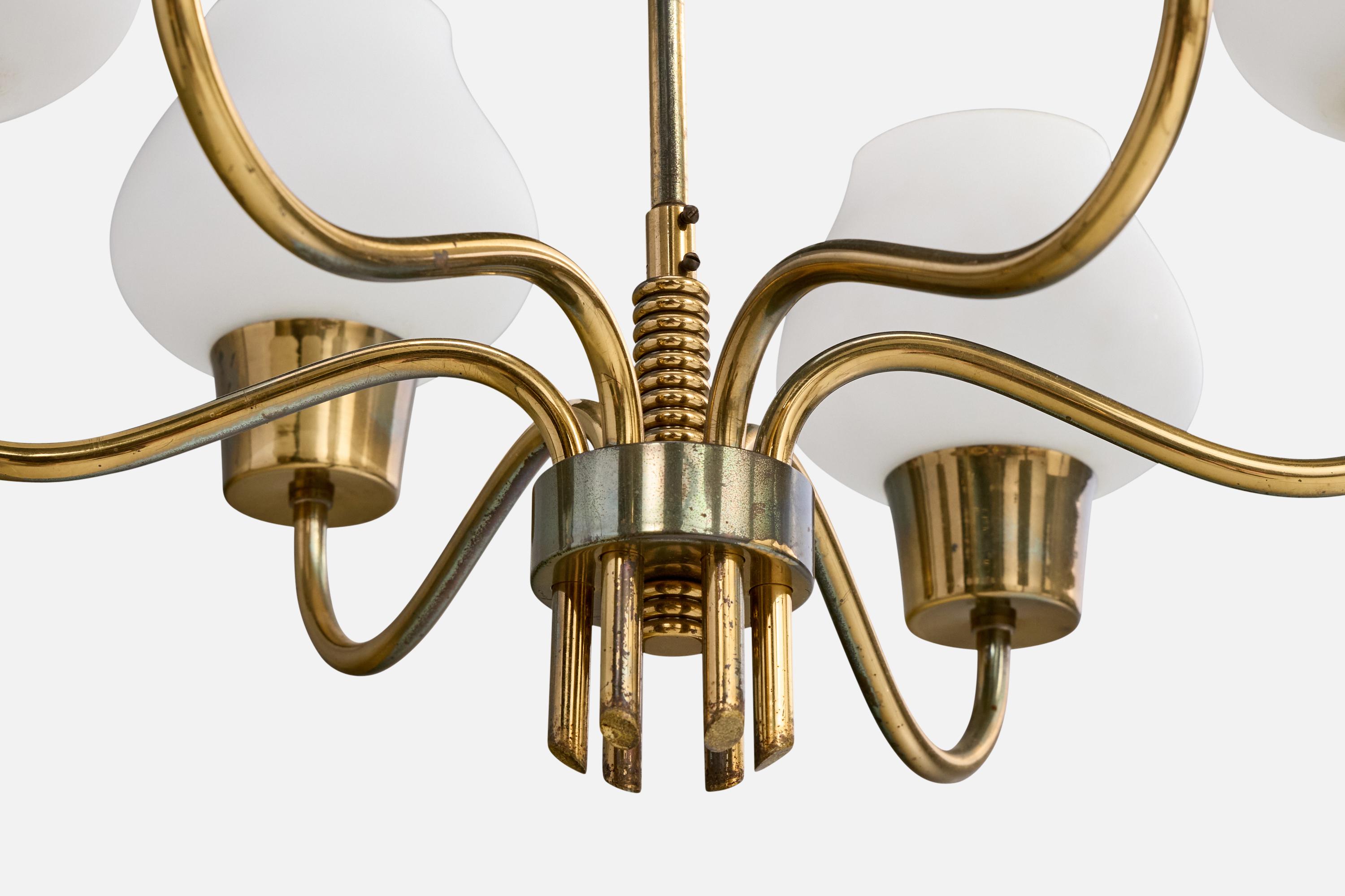 Danish Designer, Chandelier, Brass, Glass, Denmark, 1950s For Sale 1