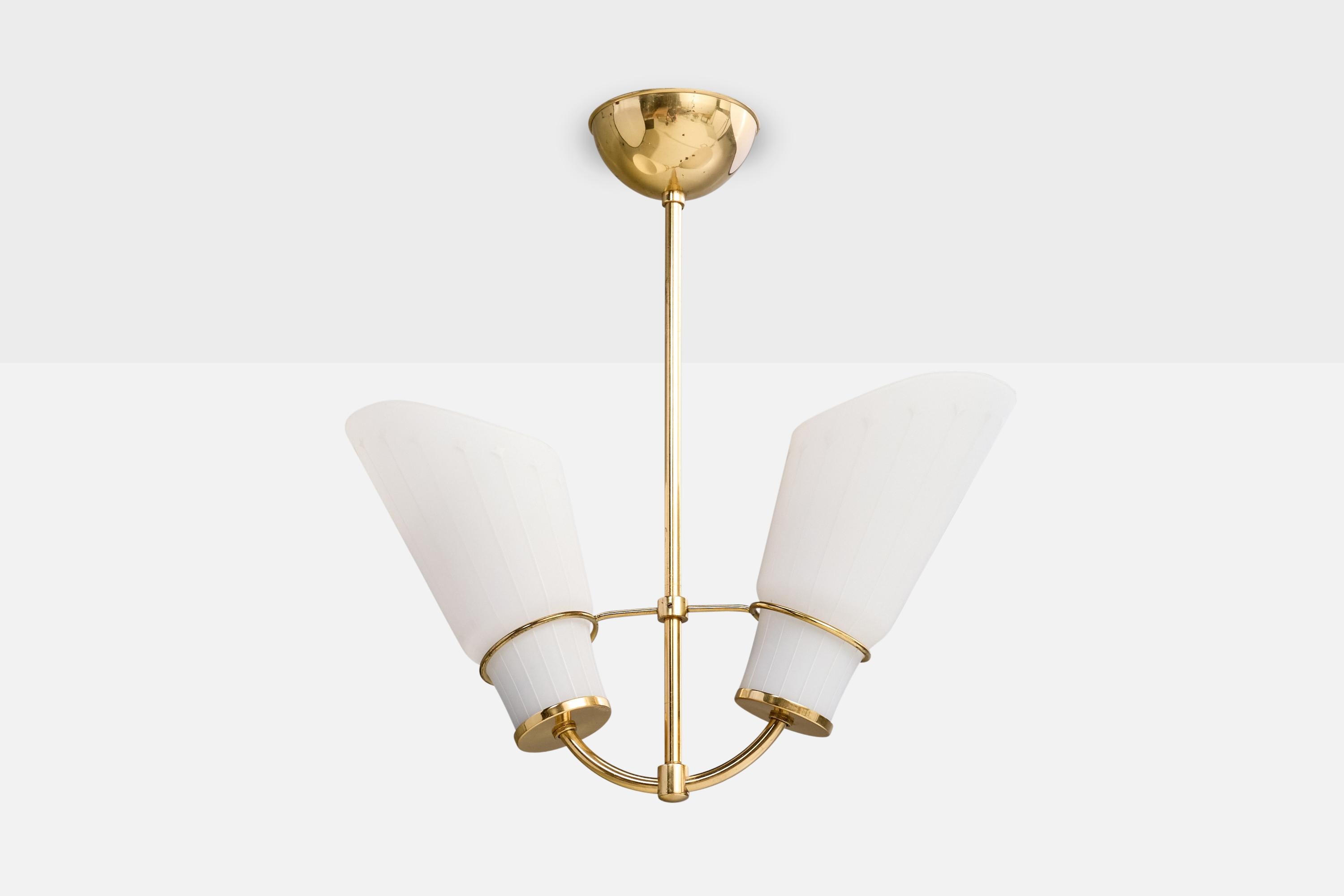 A brass and etched white opaline glass chandelier designed and produced in Sweden, c. 1950s.

Overall Dimensions (inches): 18.0