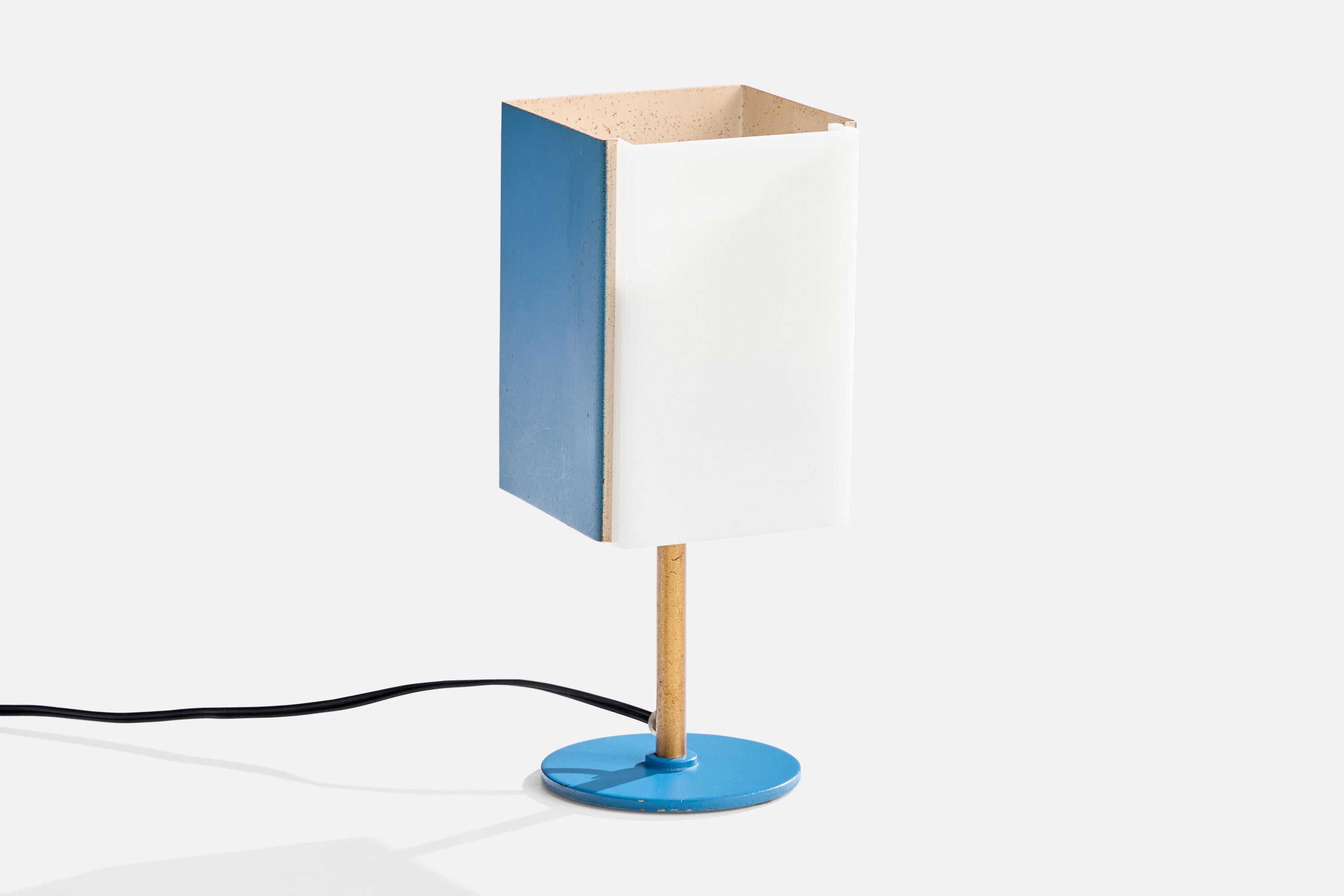 A brass, blue-lacquered metal and acrylic table lamp designed and produced in Italy, c. 1960s.

Dimensions of Lamp (inches): 8.25