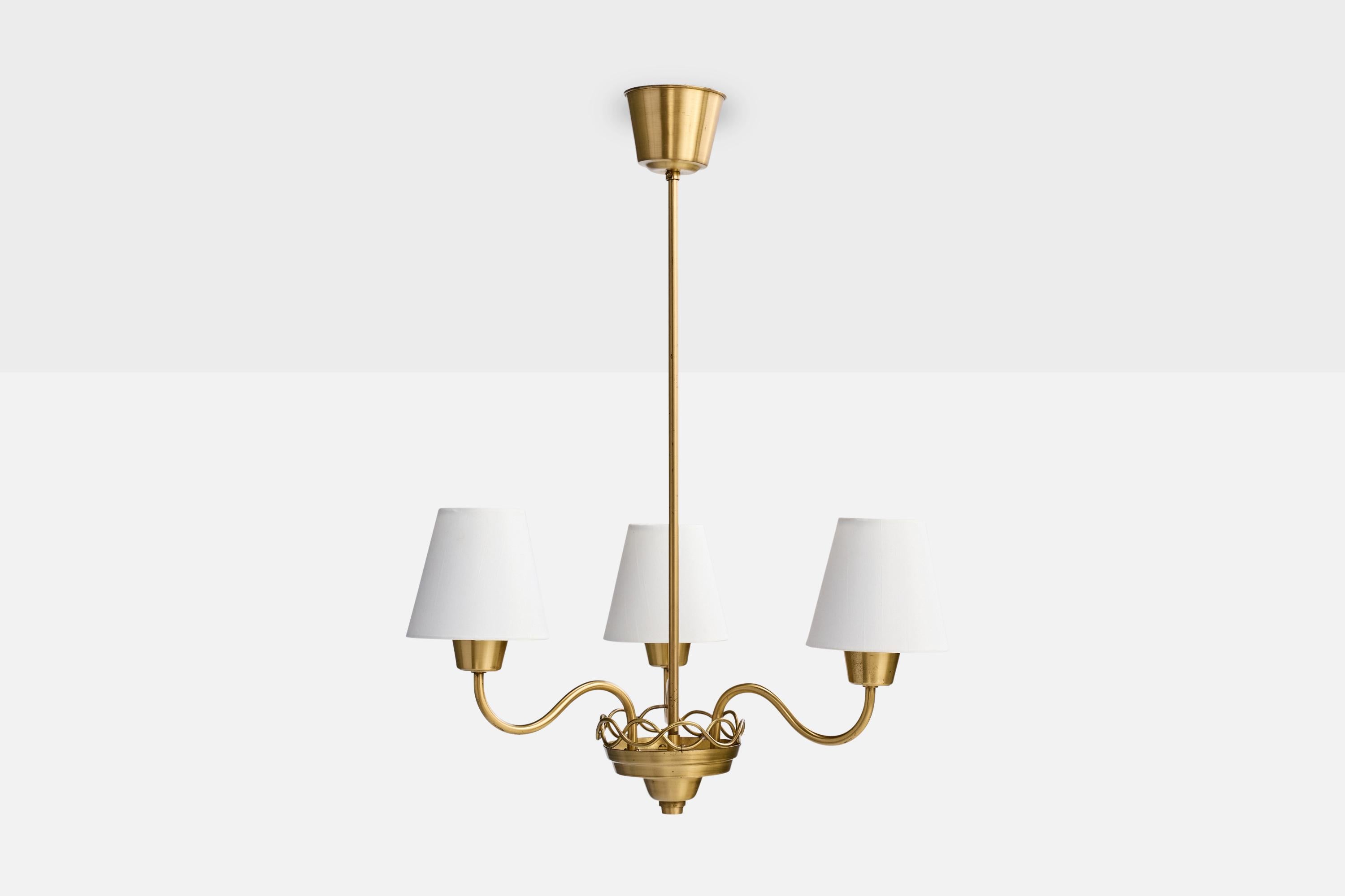 Mid-Century Modern Swedish Designer, Chandelier, Brass, Fabric, Sweden, 1950s For Sale