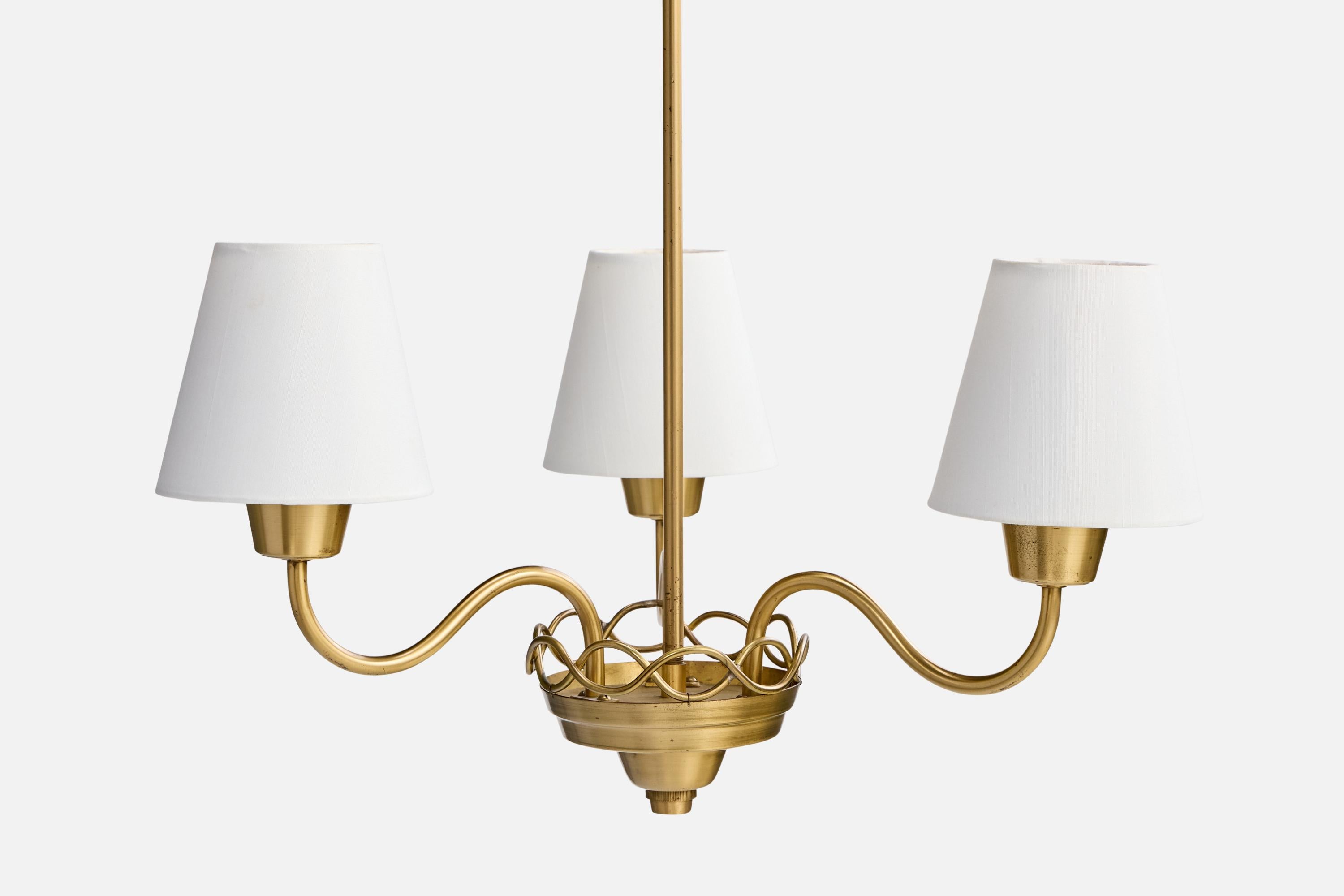 Mid-20th Century Swedish Designer, Chandelier, Brass, Fabric, Sweden, 1950s For Sale