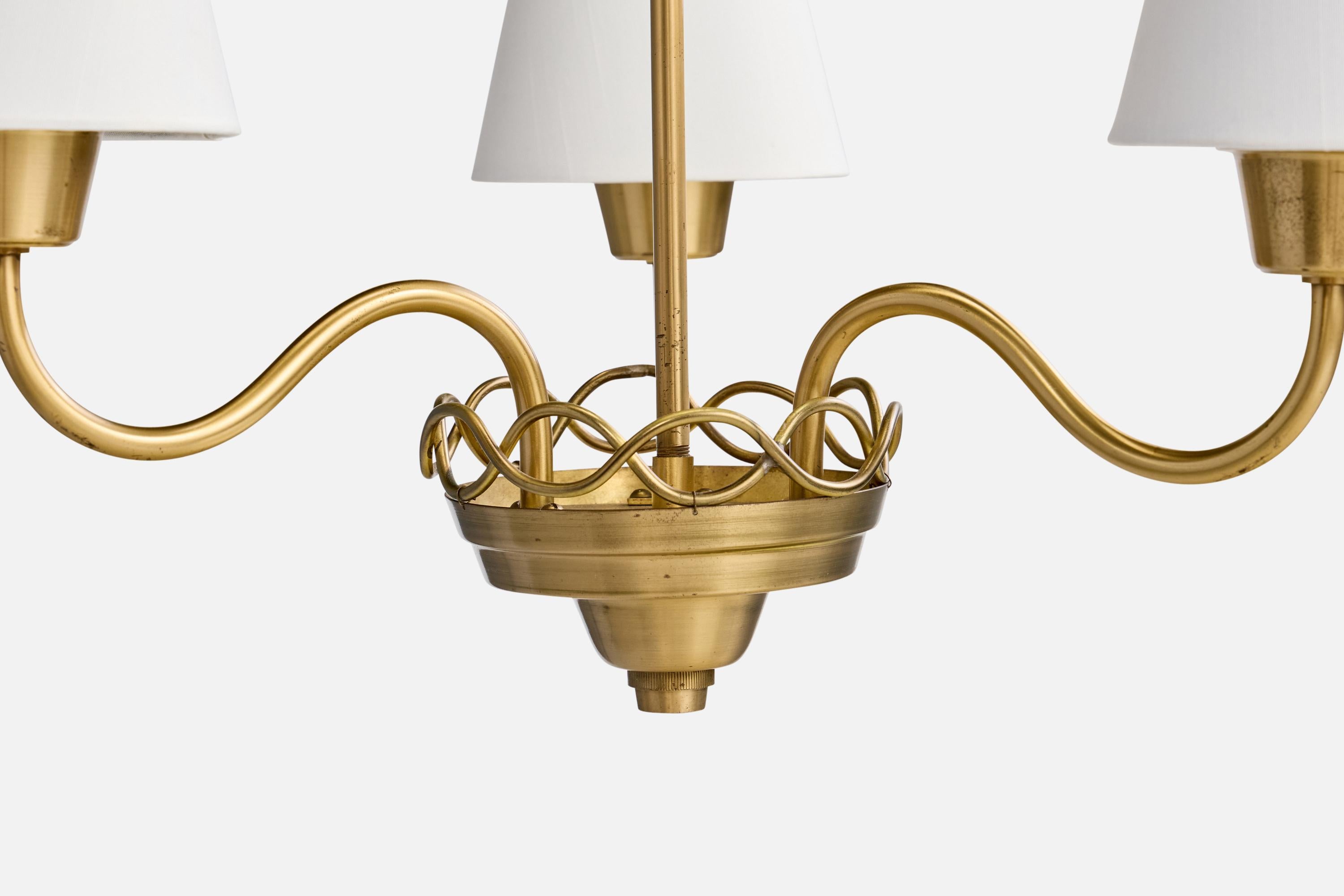 Swedish Designer, Chandelier, Brass, Fabric, Sweden, 1950s For Sale 3
