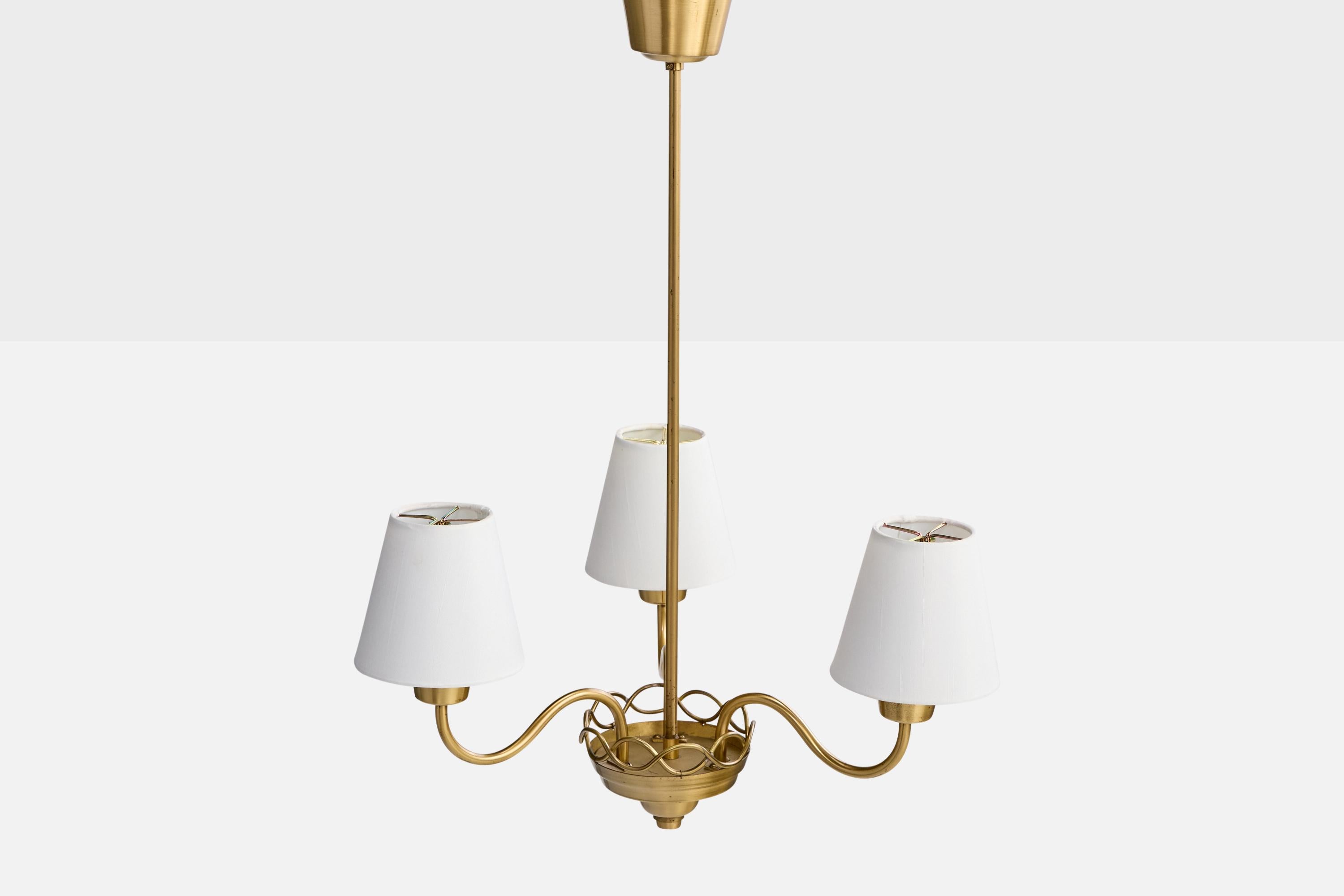 Swedish Designer, Chandelier, Brass, Fabric, Sweden, 1950s In Good Condition For Sale In High Point, NC
