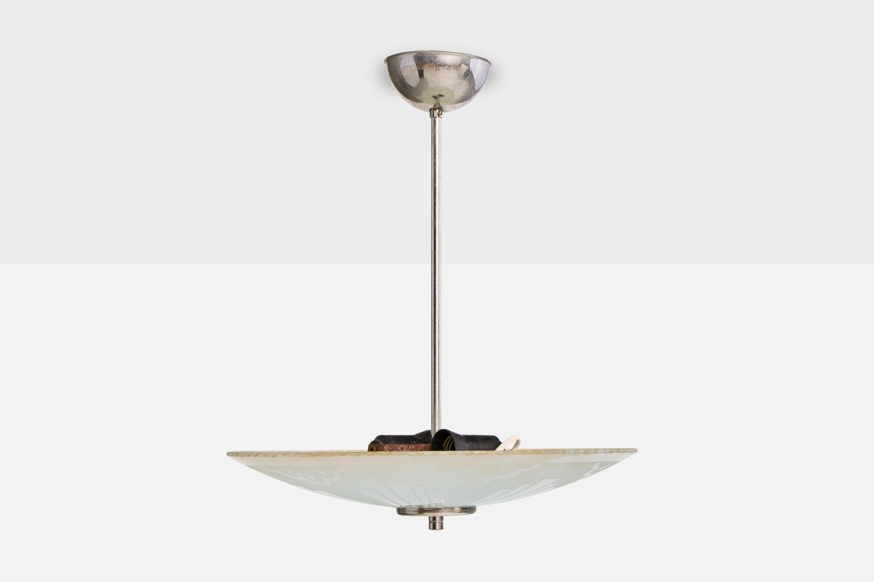 Scandinavo moderno Designer svedese, lampada a sospensione, nichel, vetro, Svezia, anni '1930 in vendita